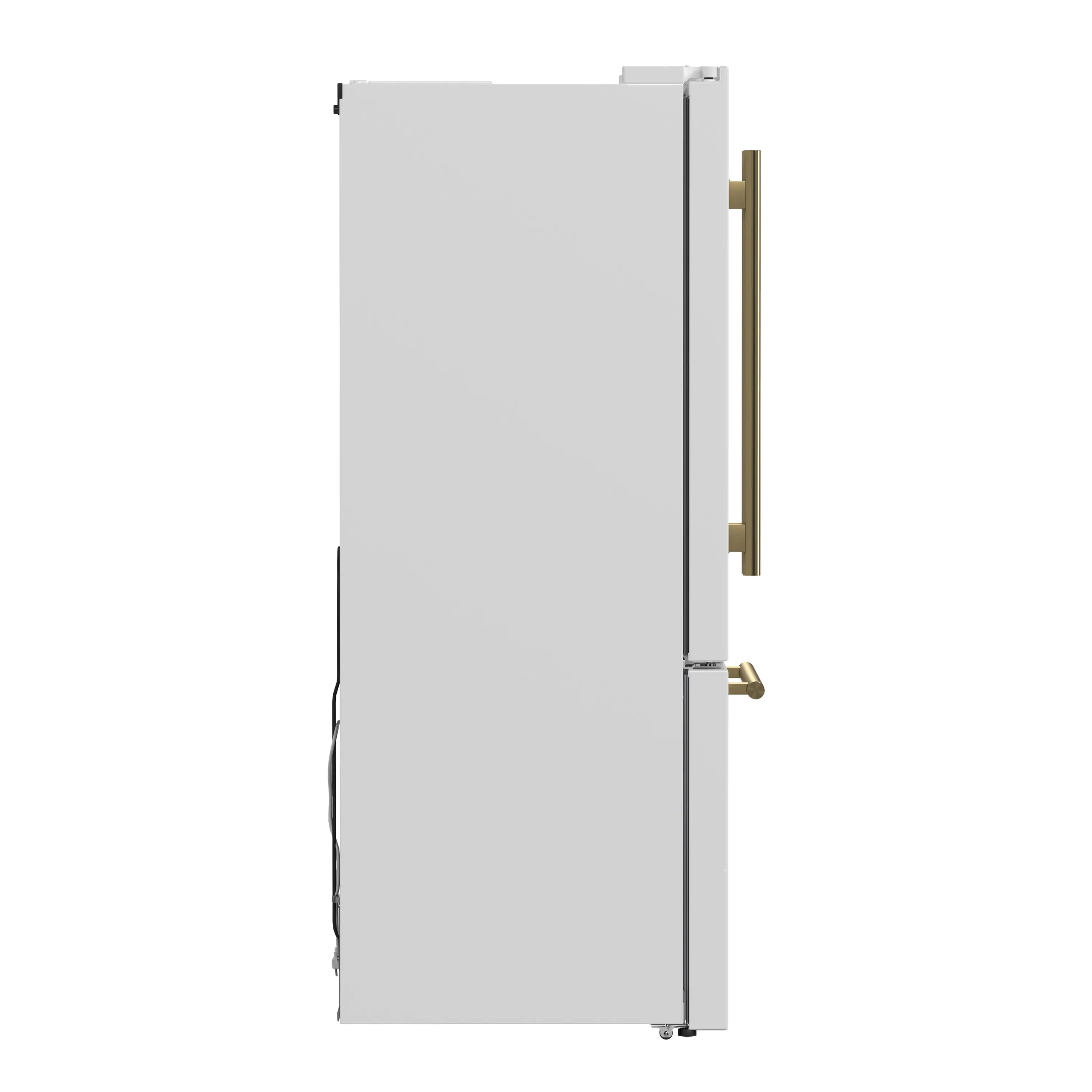 White French-door refrigerator side view with tall antique brass handle