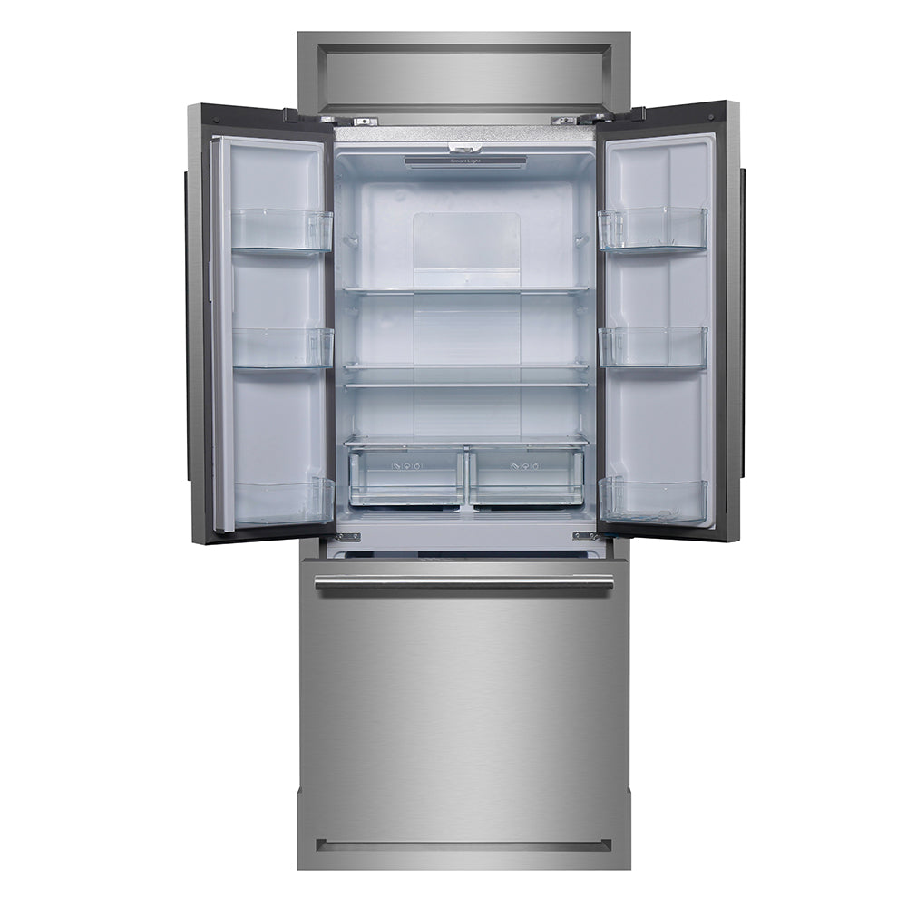French door refrigerator open, showing interior shelves, bins, and drawer