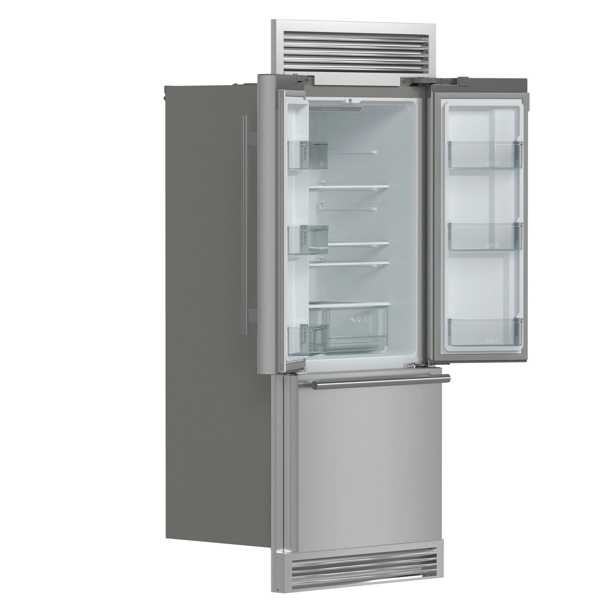 Built-in French door refrigerator with stainless finish; open doors show glass shelves