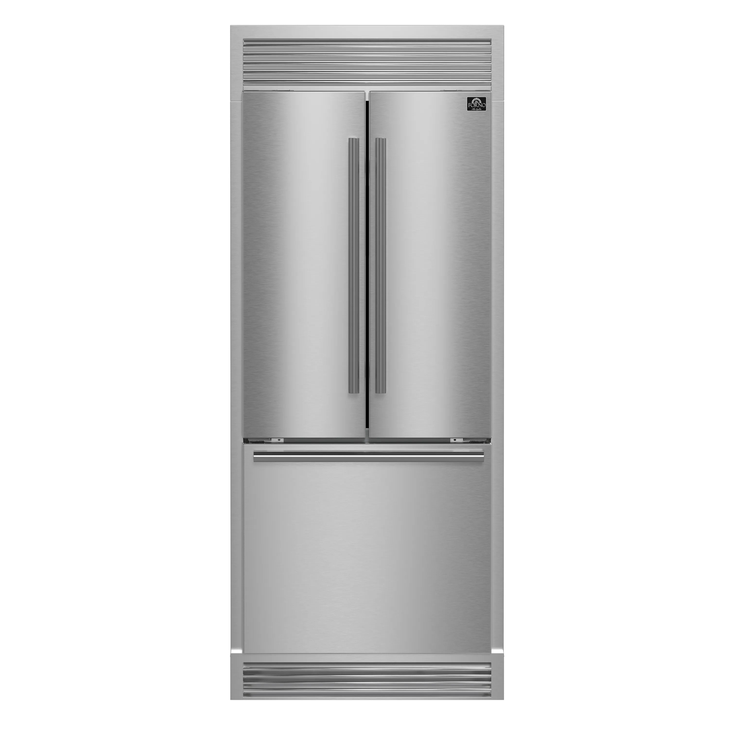 Stainless steel French door refrigerator with external dispenser grille and curved bar handle