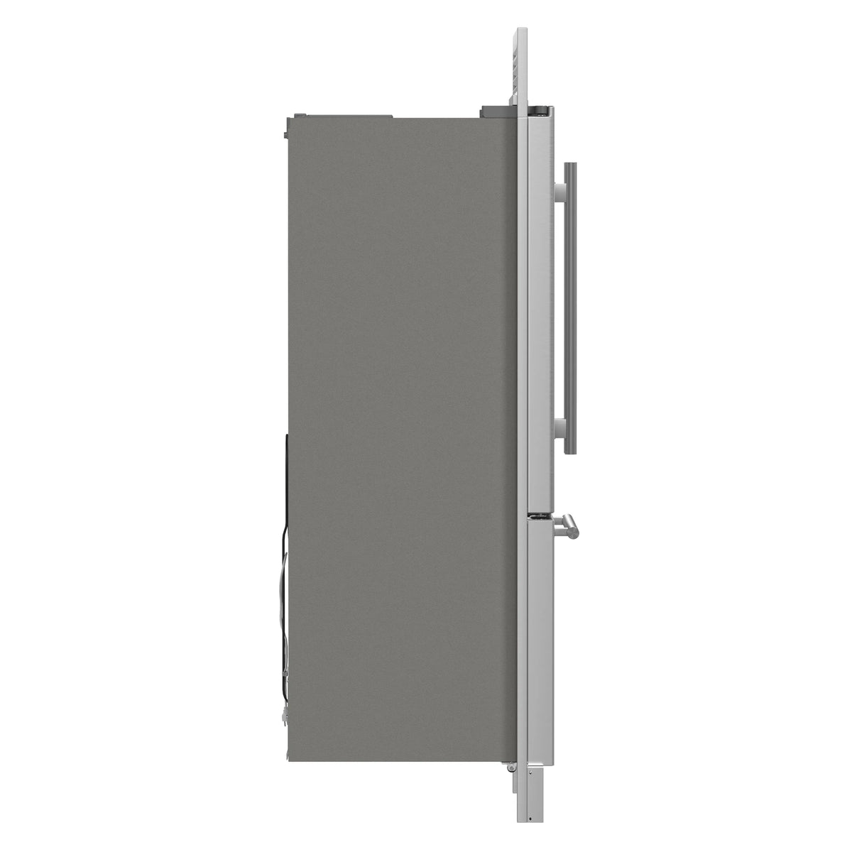 Stainless steel refrigerator side panel with integrated handle and door hinge hardware