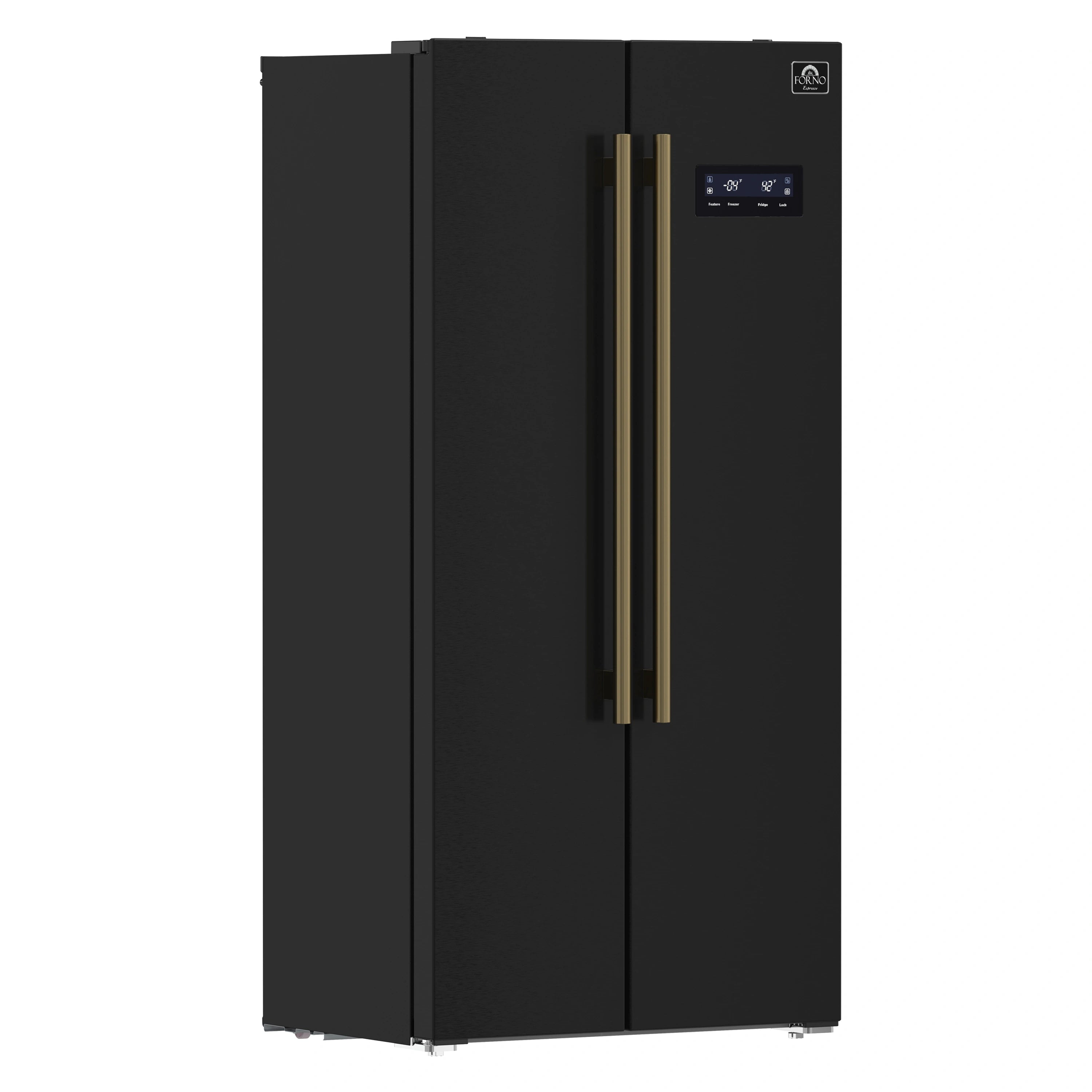 Black side-by-side refrigerator with antique brass handles and control panel