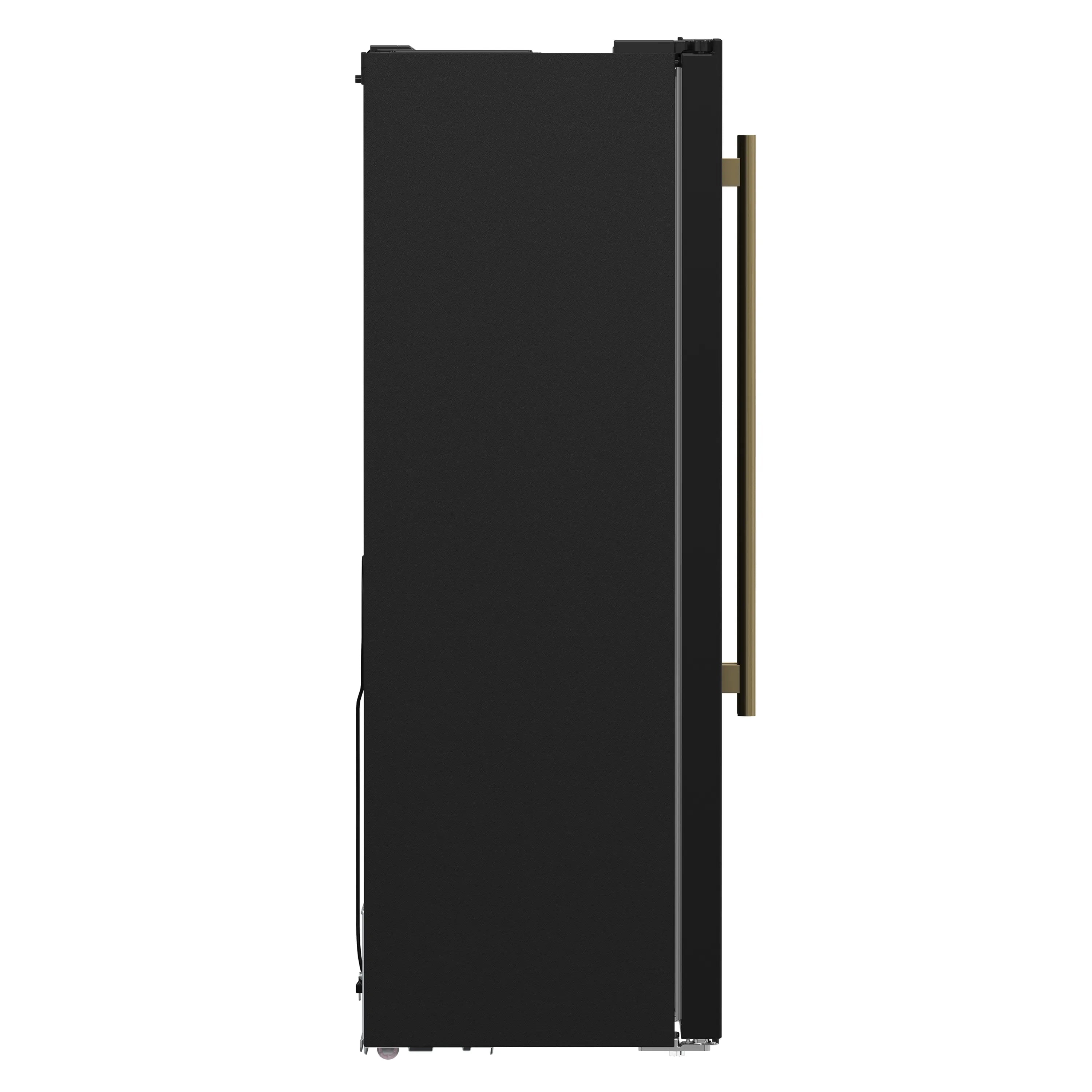 Black refrigerator side view with antique brass trim and bar handle