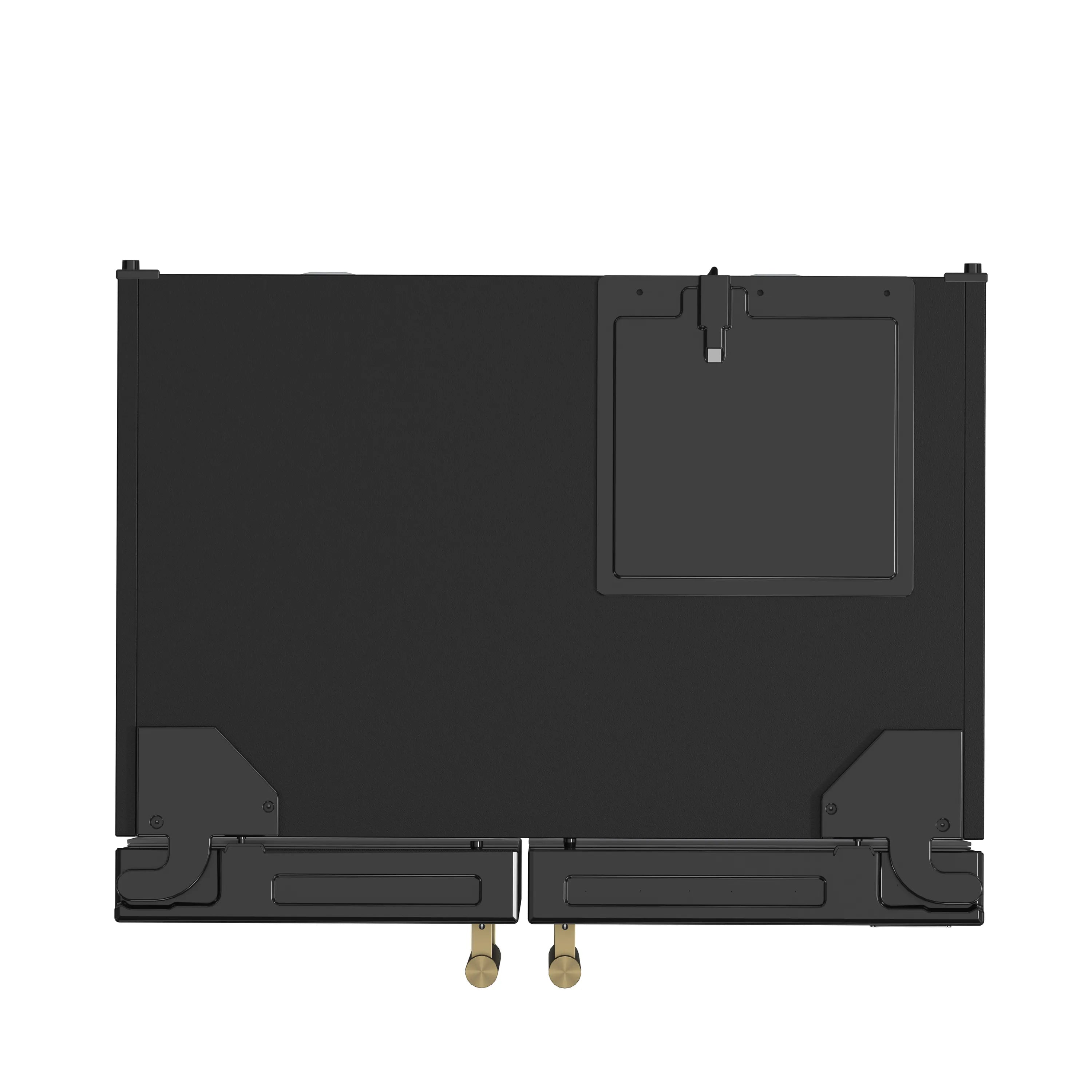 Bottom of black refrigerator with access panel and caster feet