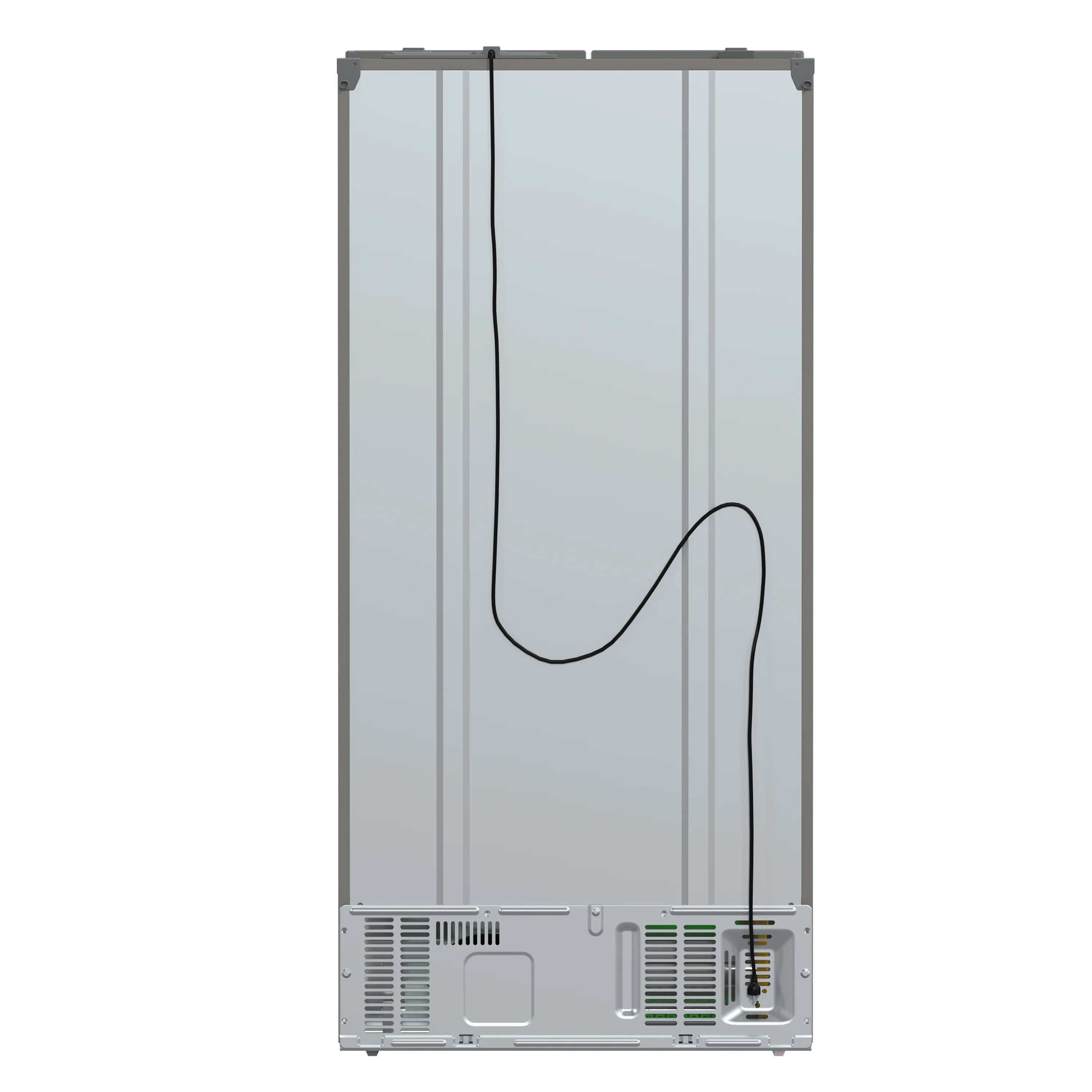 Side-by-side refrigerator open back panel with electrical wiring and vent grille