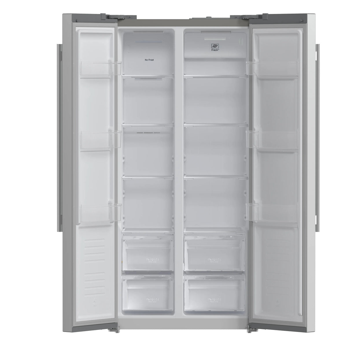 Side-by-side refrigerator doors open to white interior shelves and drawers
