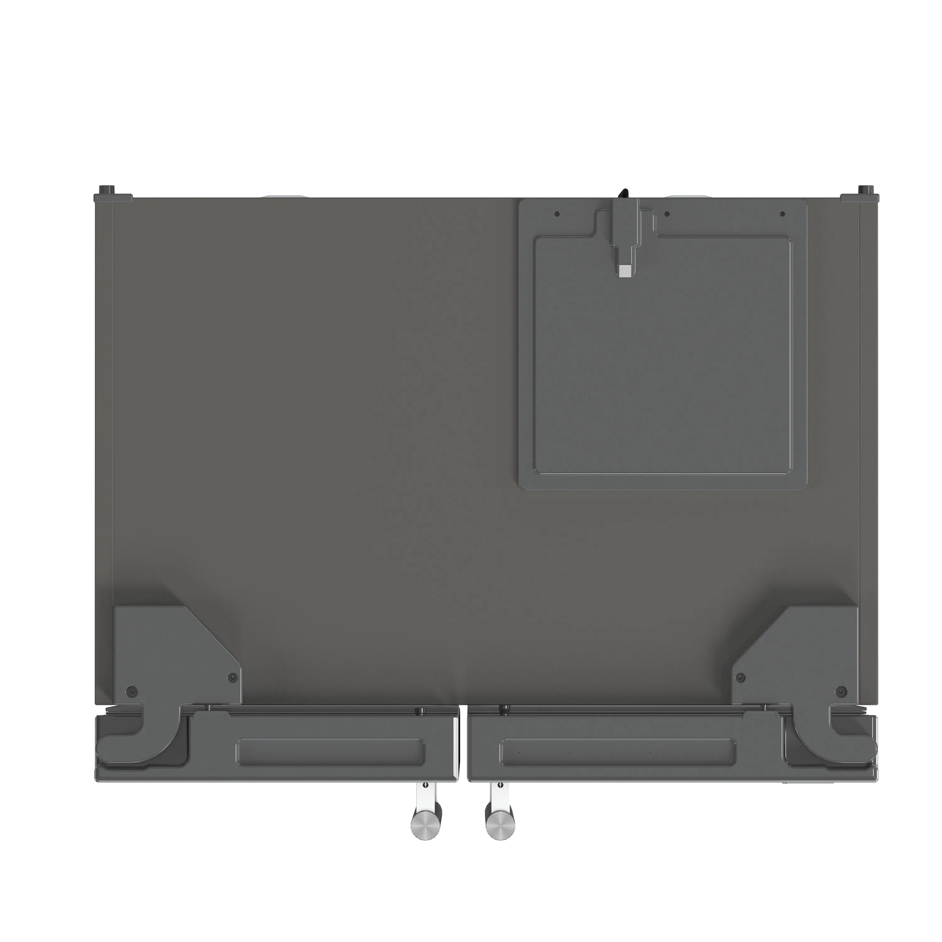 Refrigerator base underside with mounting brackets and hanging water line