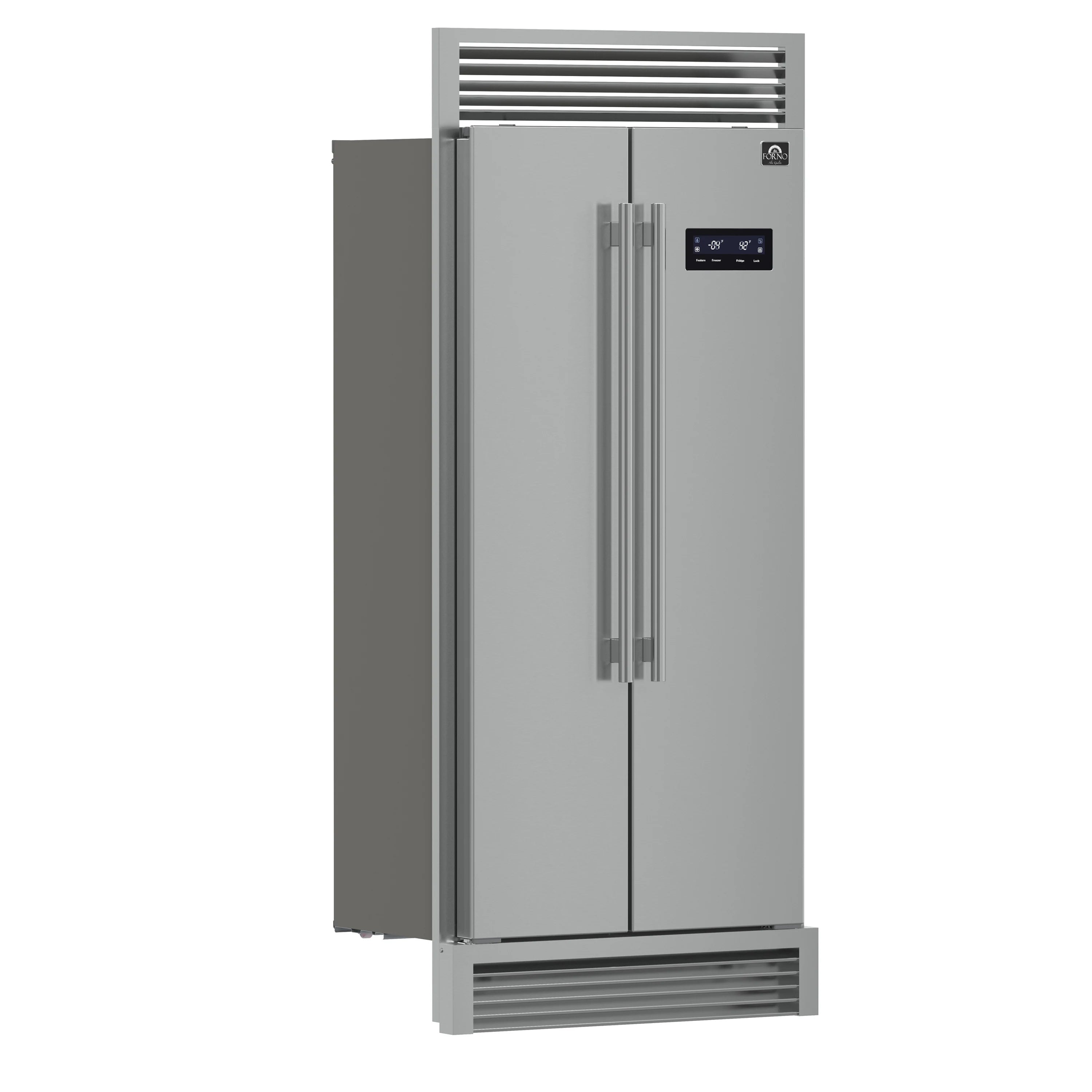 Stainless steel side-by-side refrigerator showing left edge, handles, and top vent grille