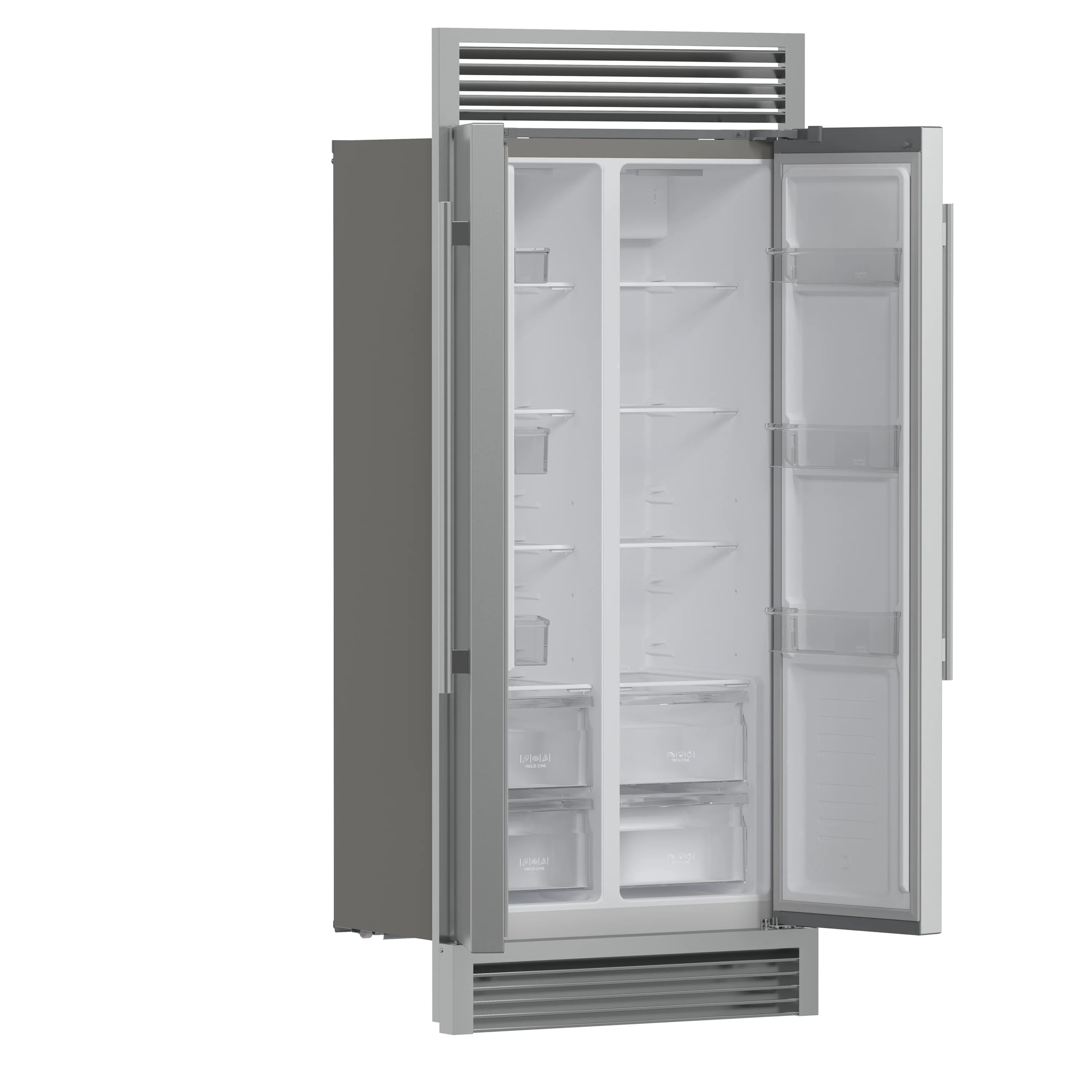 Side-by-side refrigerator with both doors open showing white interior shelves
