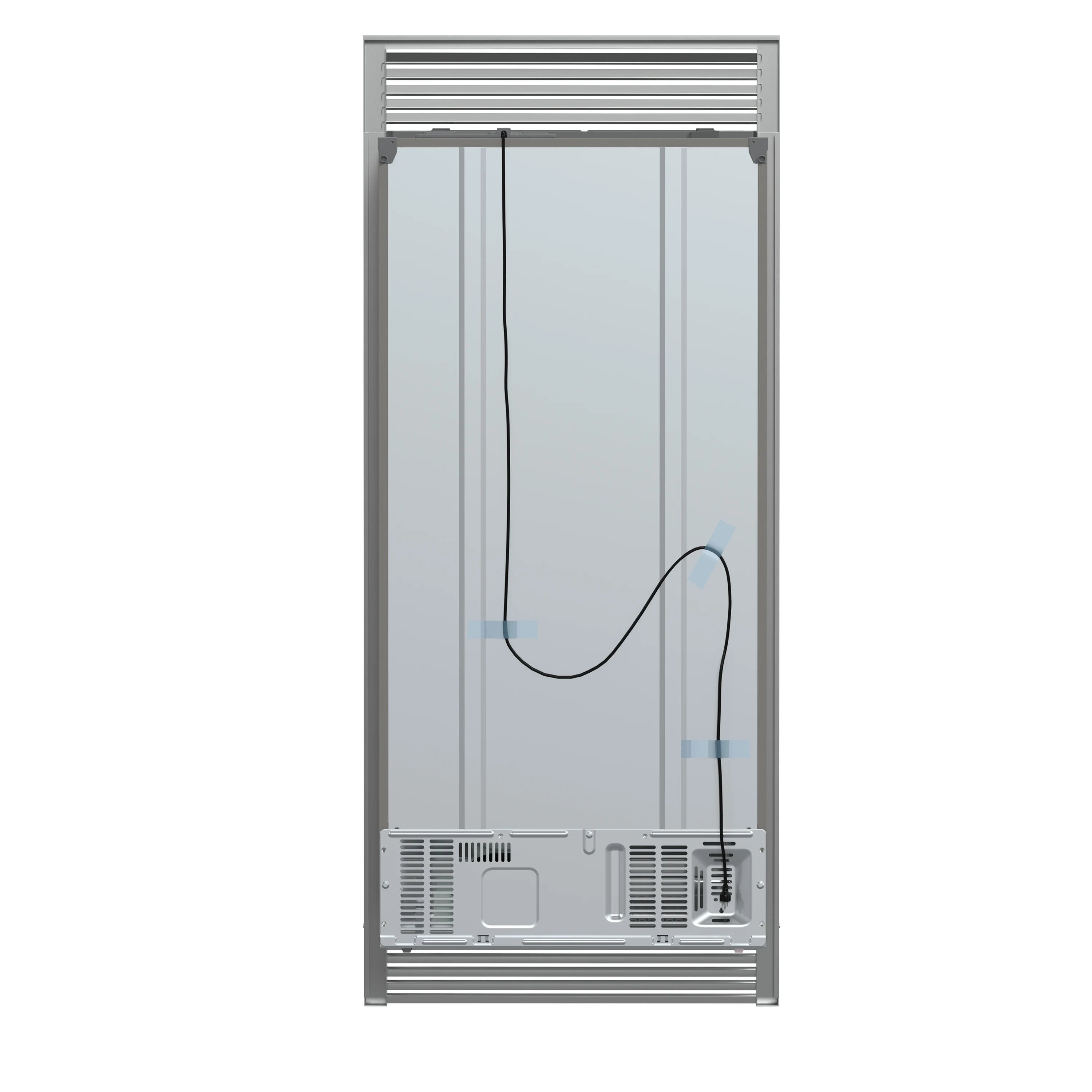 Refrigerator open back access area with top vent grille and interior panels