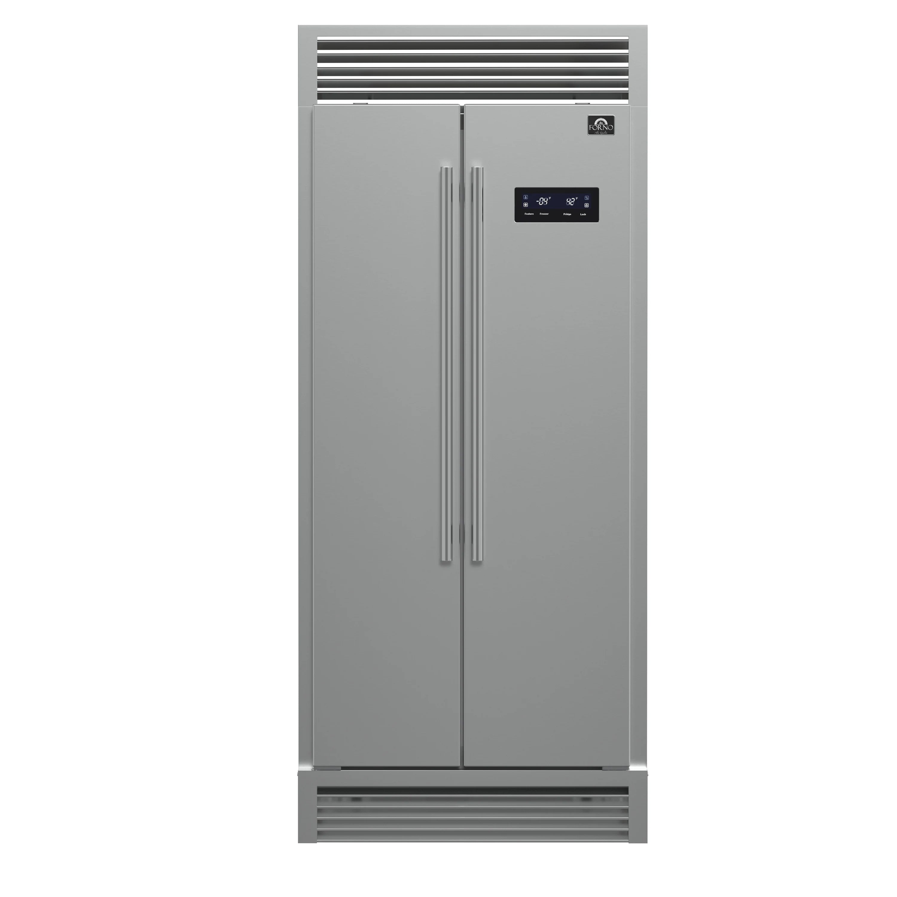 Stainless steel side-by-side refrigerator with vertical double handles and top grille