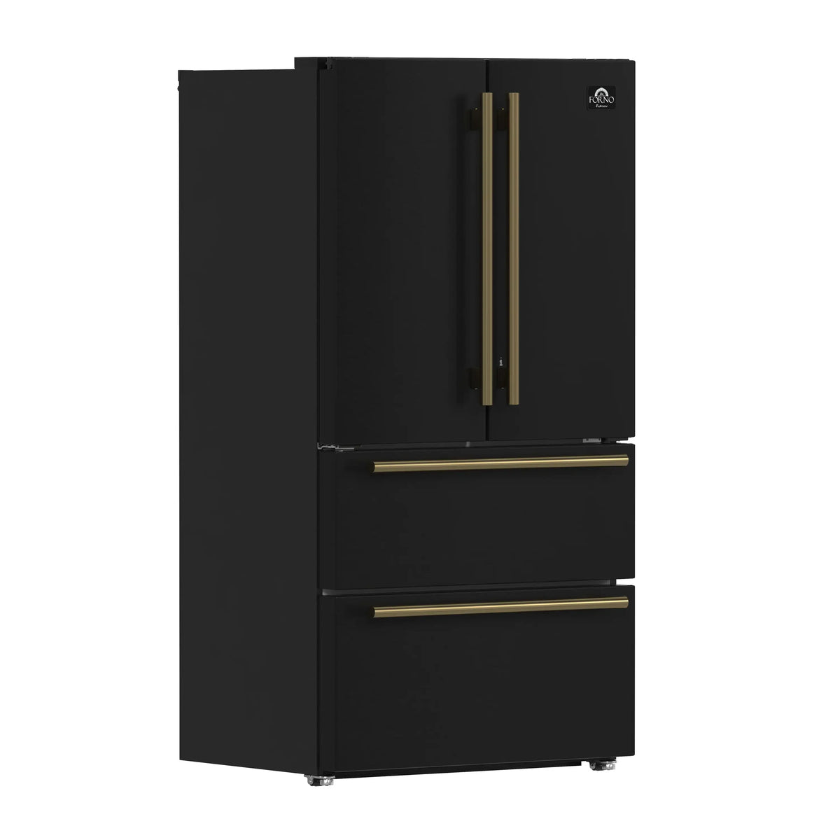 Black French door refrigerator with antique brass handles and two lower drawer bars, side view angle.