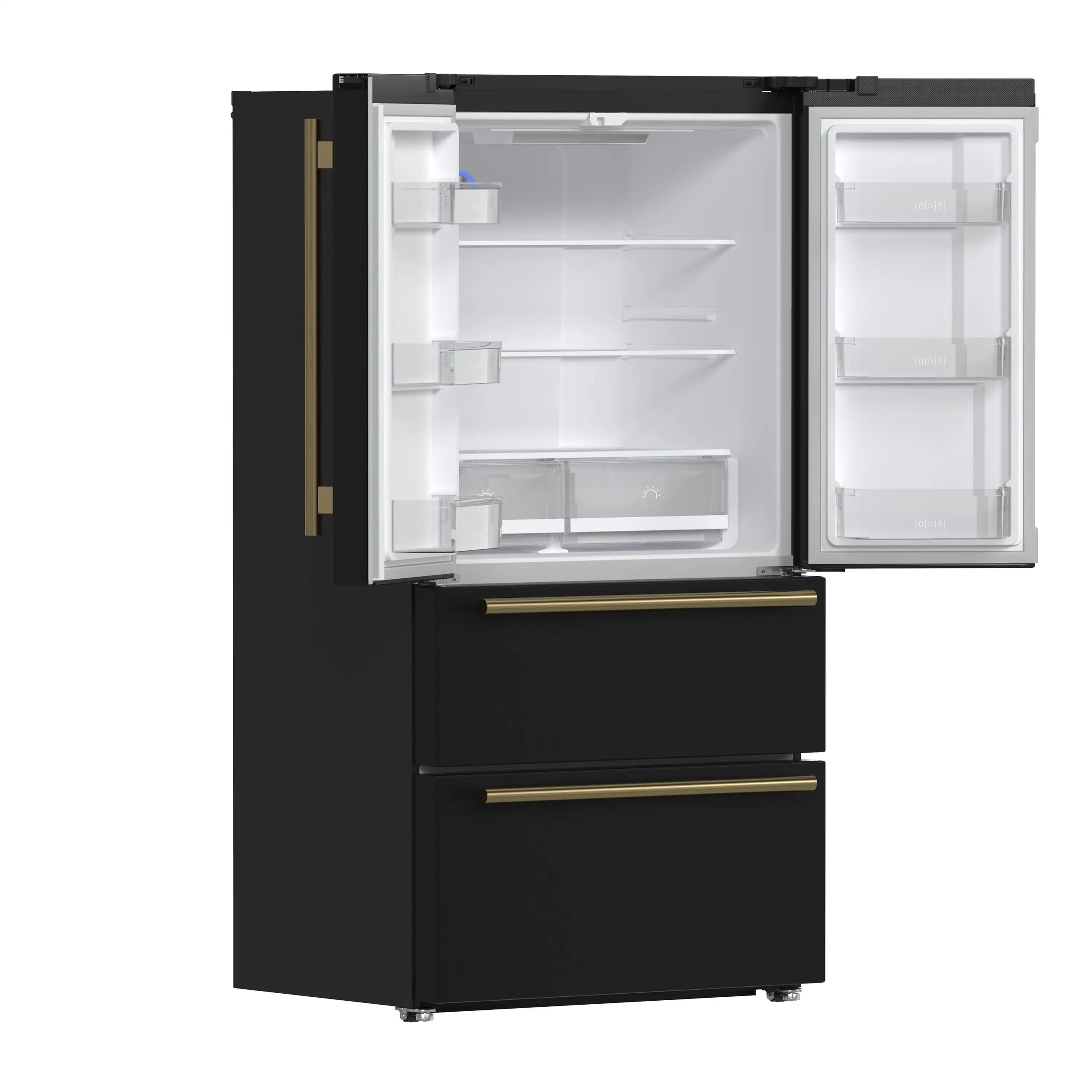 Black refrigerator with open doors, white interior shelves, and antique brass trim