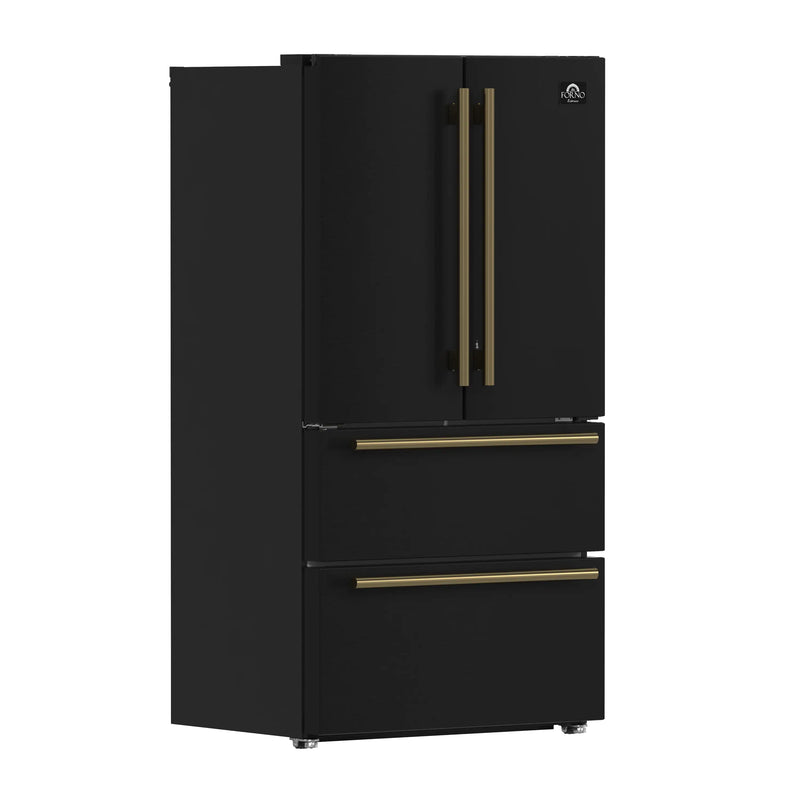 Forno Antico 4-Piece Appliance Package - 48-Inch Gas Range, 48-Inch Hood, 36-Inch Refrigerator, & 24-Inch Dishwasher in Black with Antique Brass Trim
