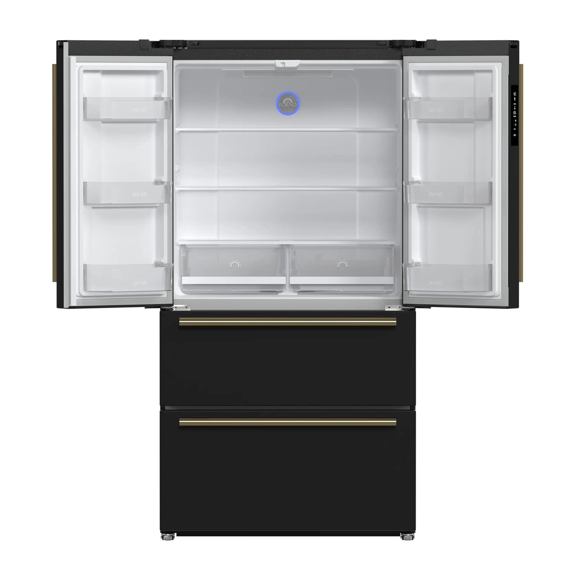 Refrigerator with both doors open, showing white shelves and drawers