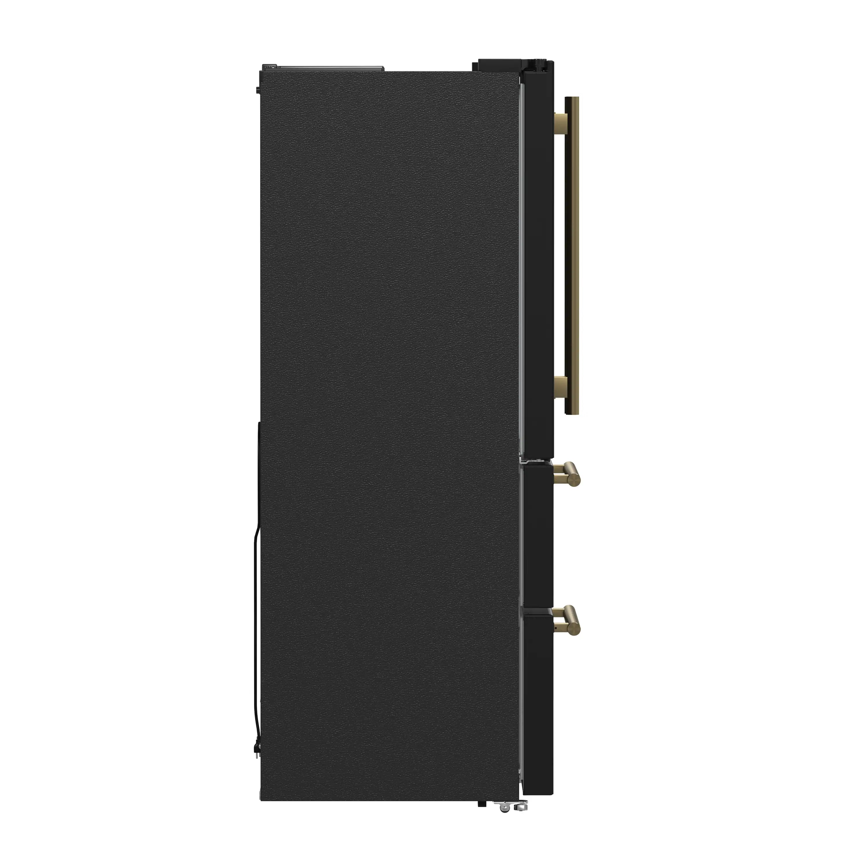 Black refrigerator side panel with antique brass vertical handle
