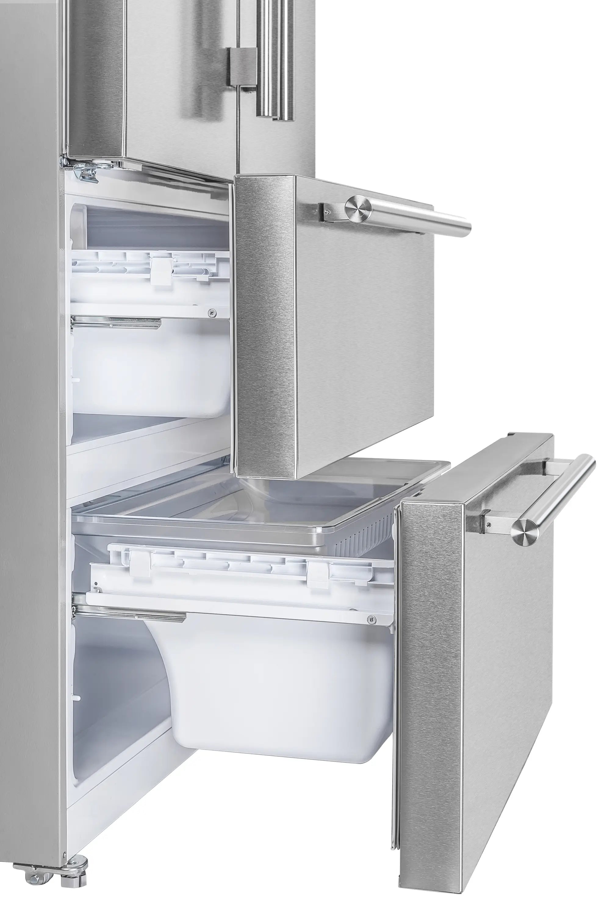Stainless steel refrigerator with open lower bin and freezer shelves visible