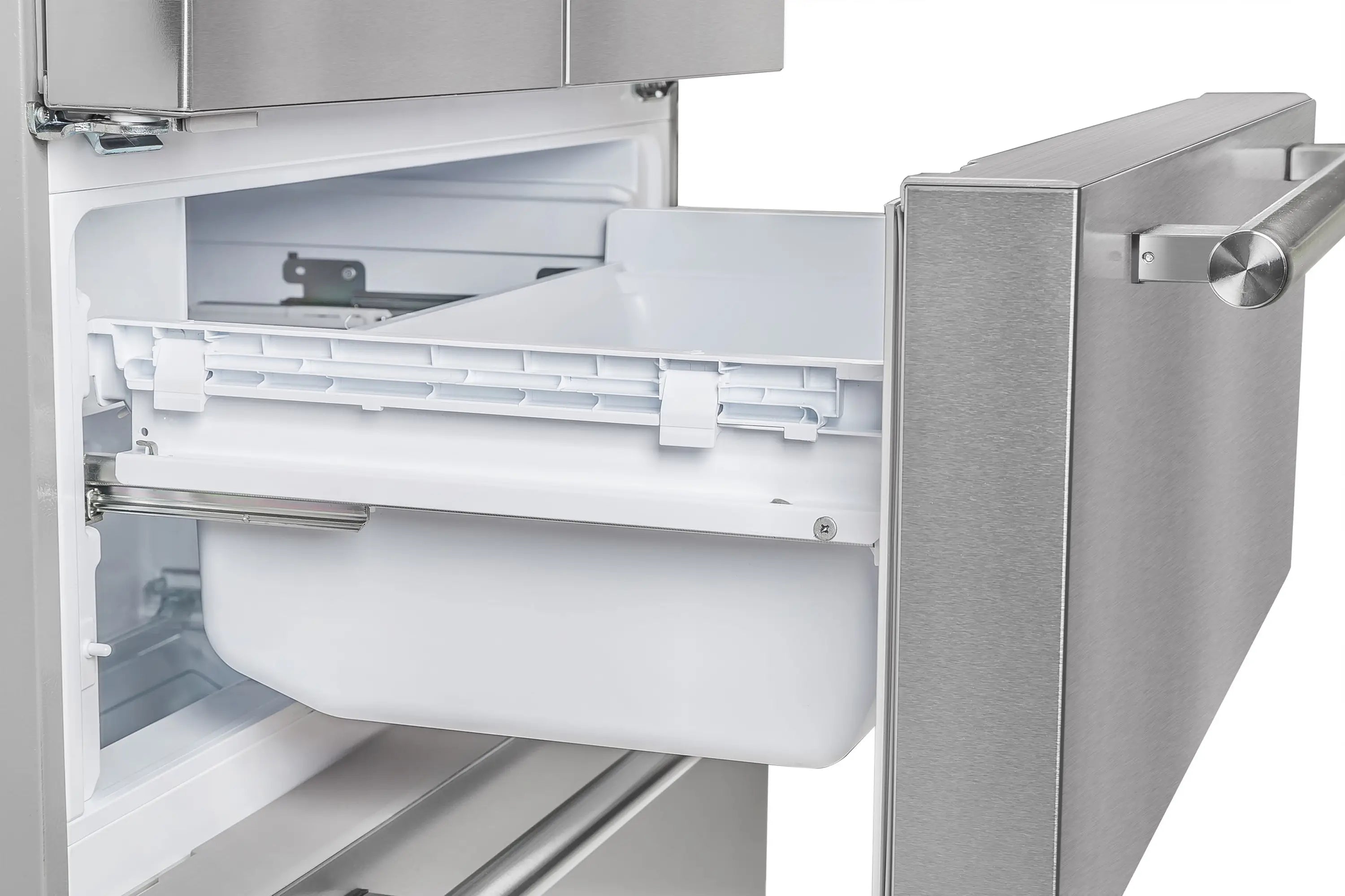 Refrigerator with open freezer drawer, interior shelves and side bin visible