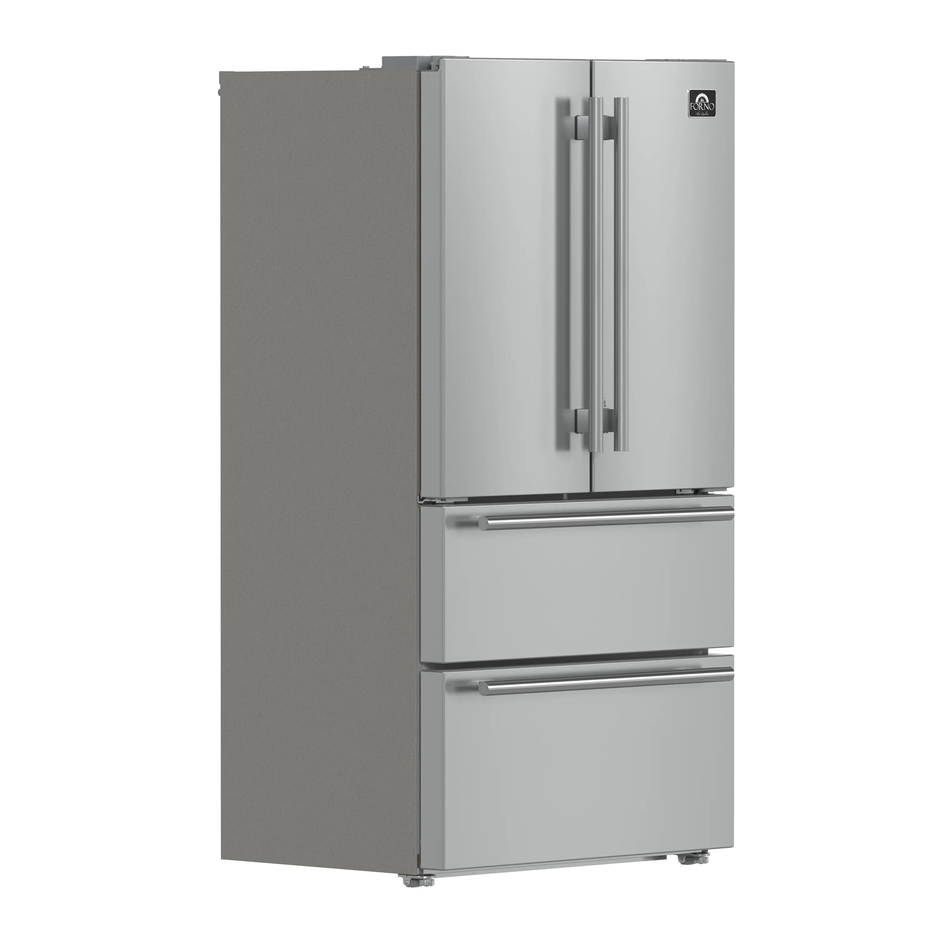 Stainless steel French door refrigerator with top freezer handles