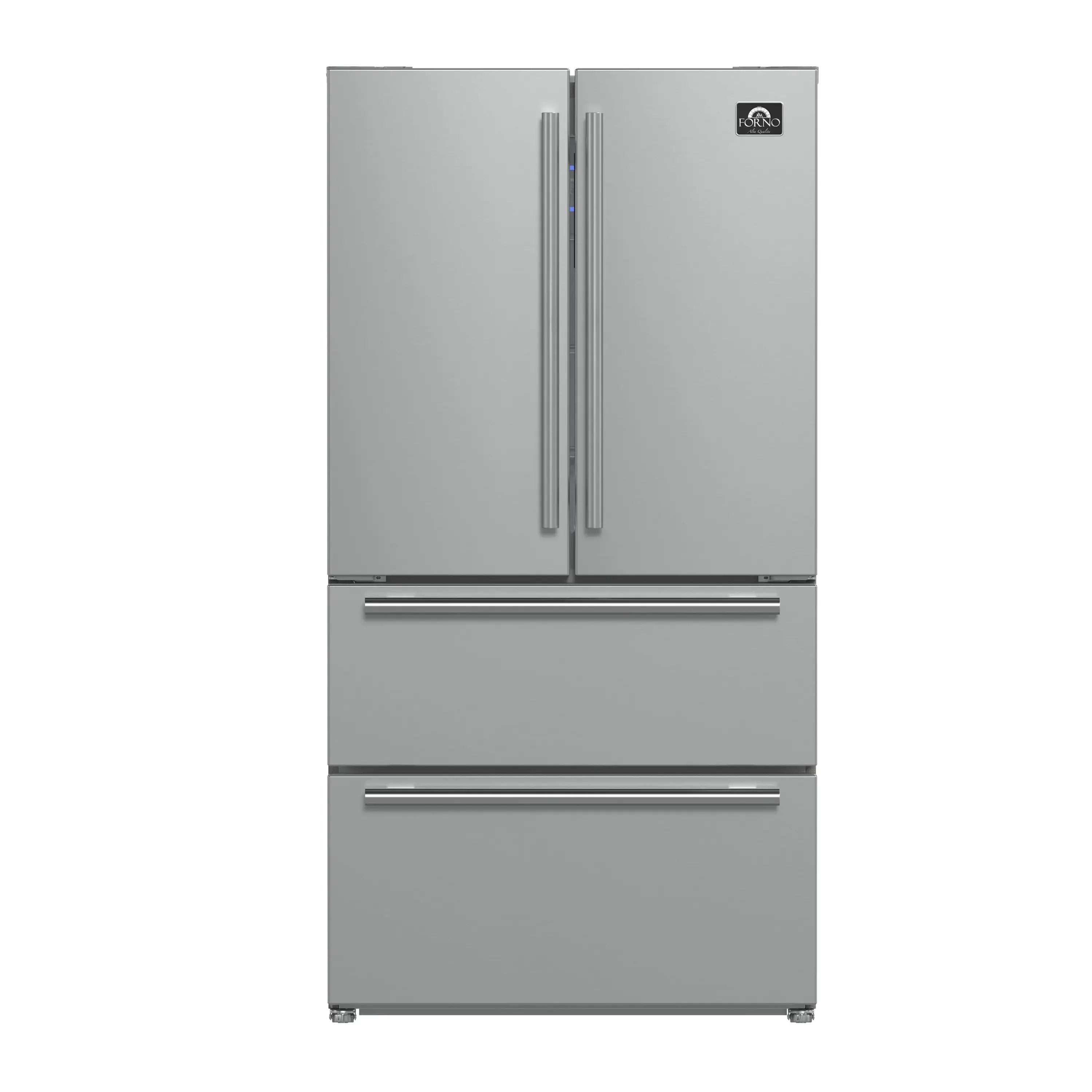 Stainless steel French-door refrigerator with center handles and bottom freezer