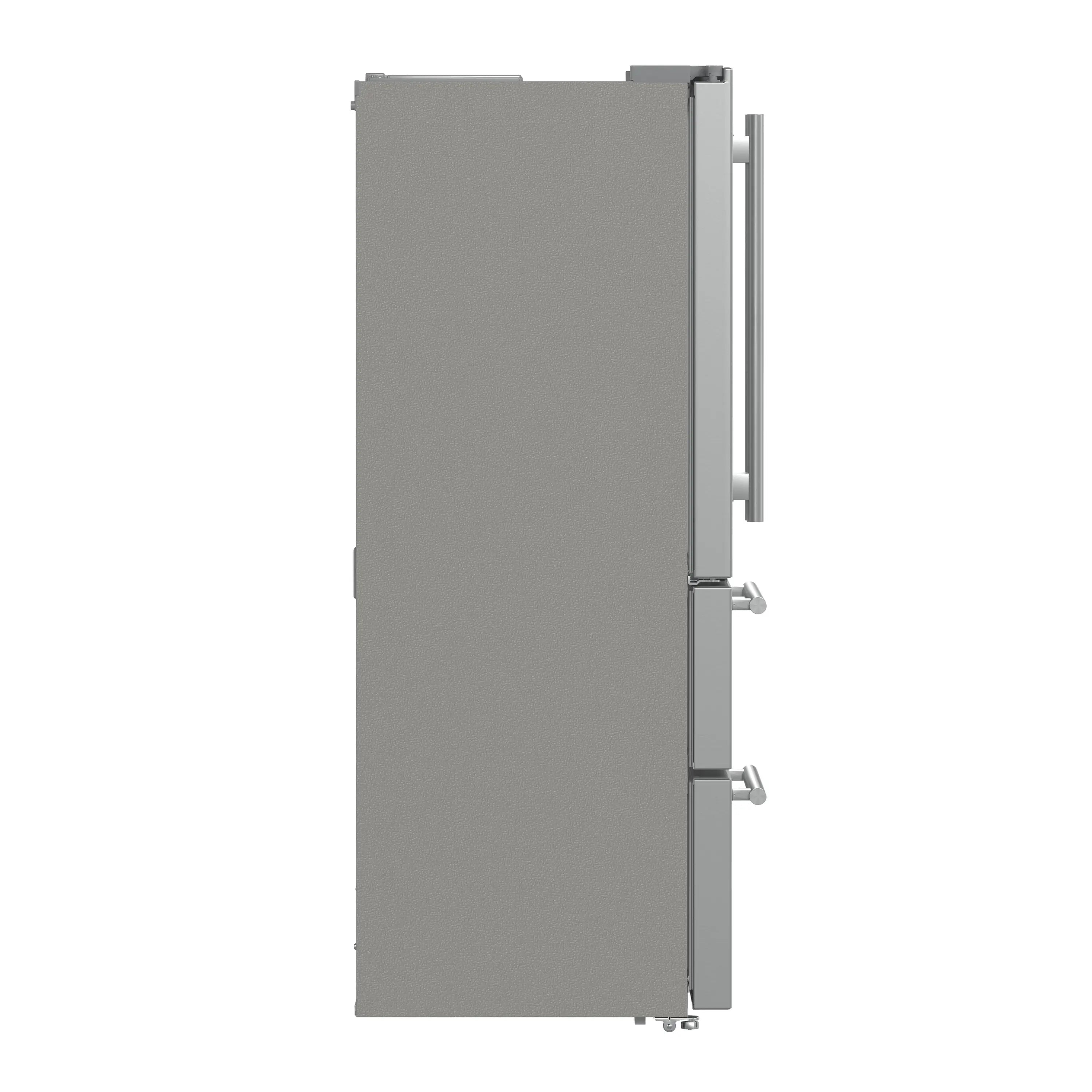 French door refrigerator with right side door edge and hinge hardware