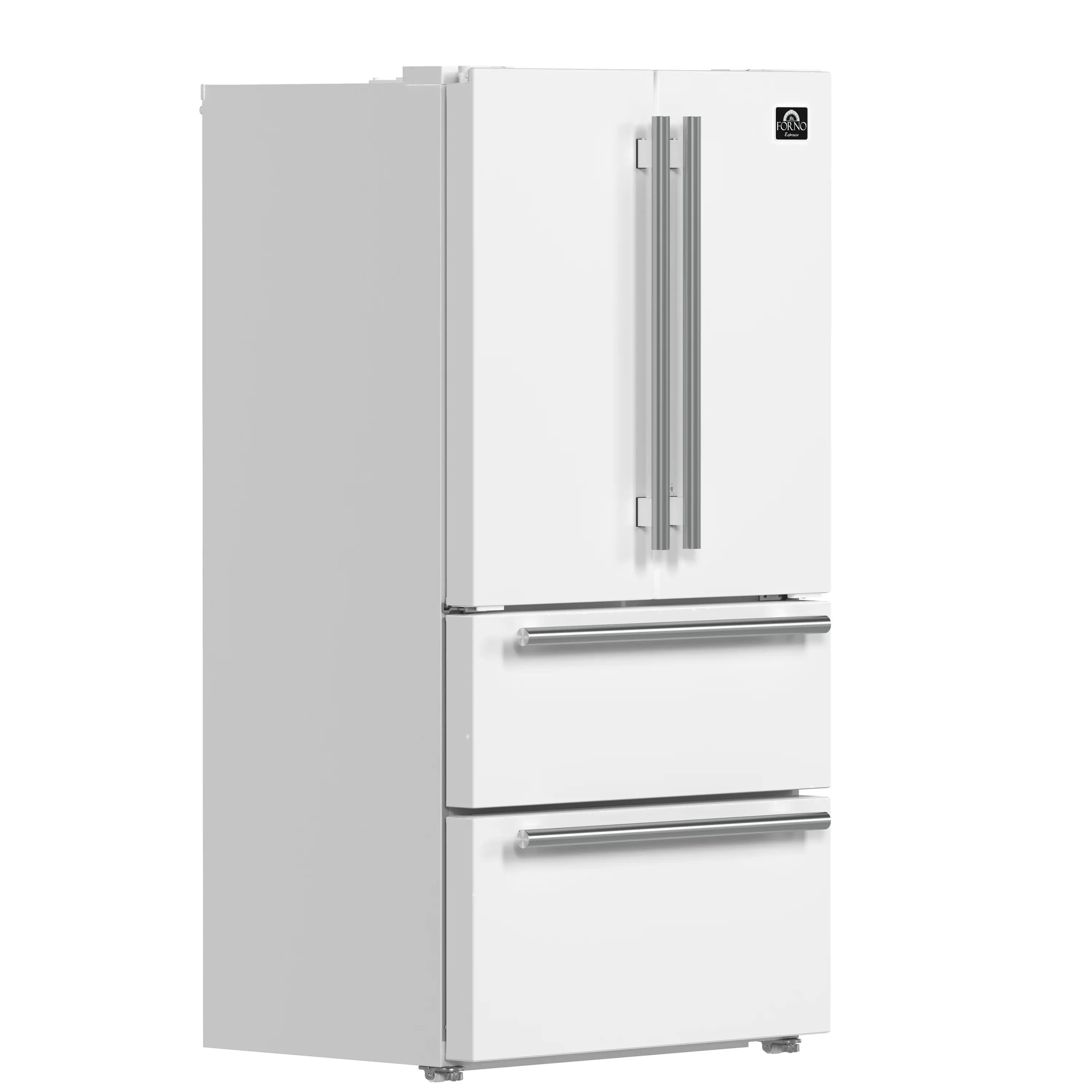 White French door refrigerator with stainless handles and right door closed