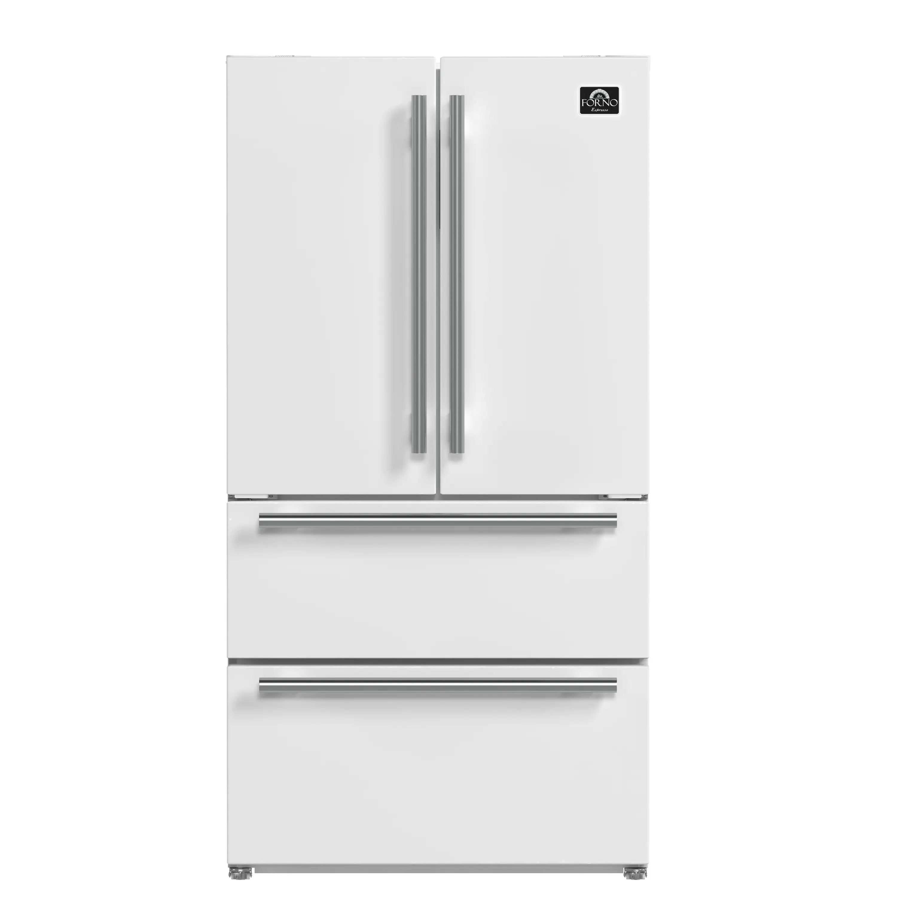 White French door refrigerator exterior with stainless double handles and top dispenser
