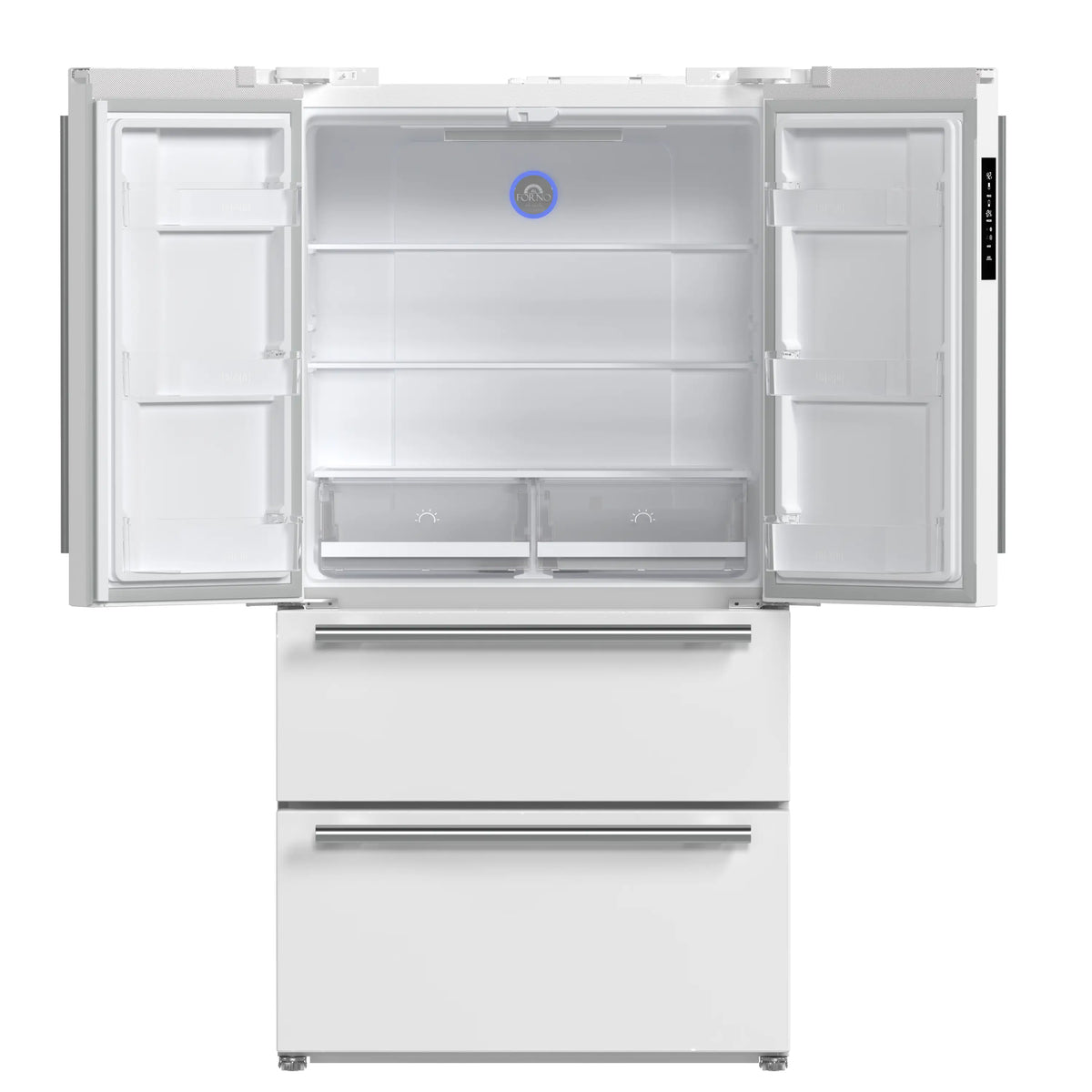 French door refrigerator with doors open and interior compartments visible in white