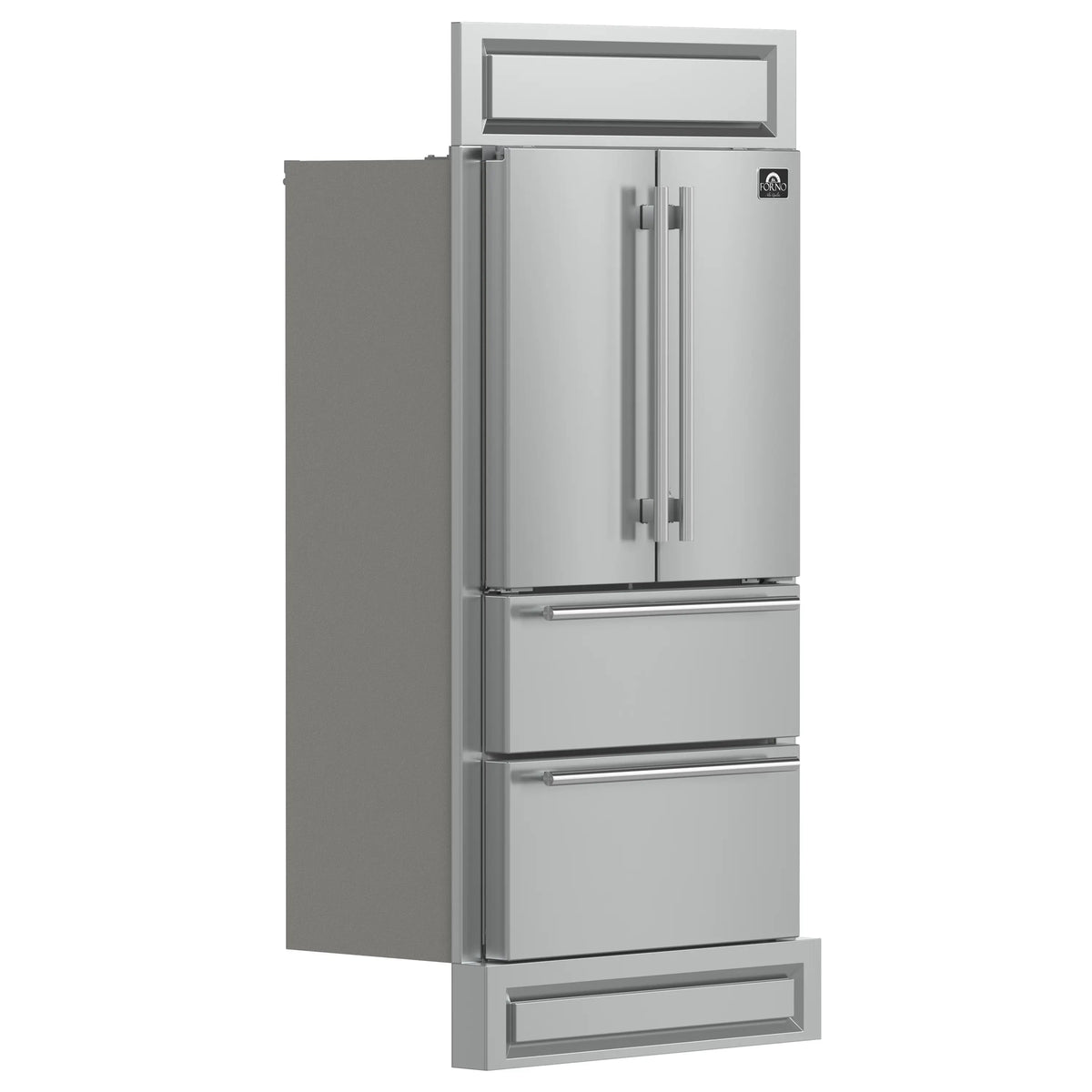 Stainless steel French door refrigerator with modern decorative grille and twin doors