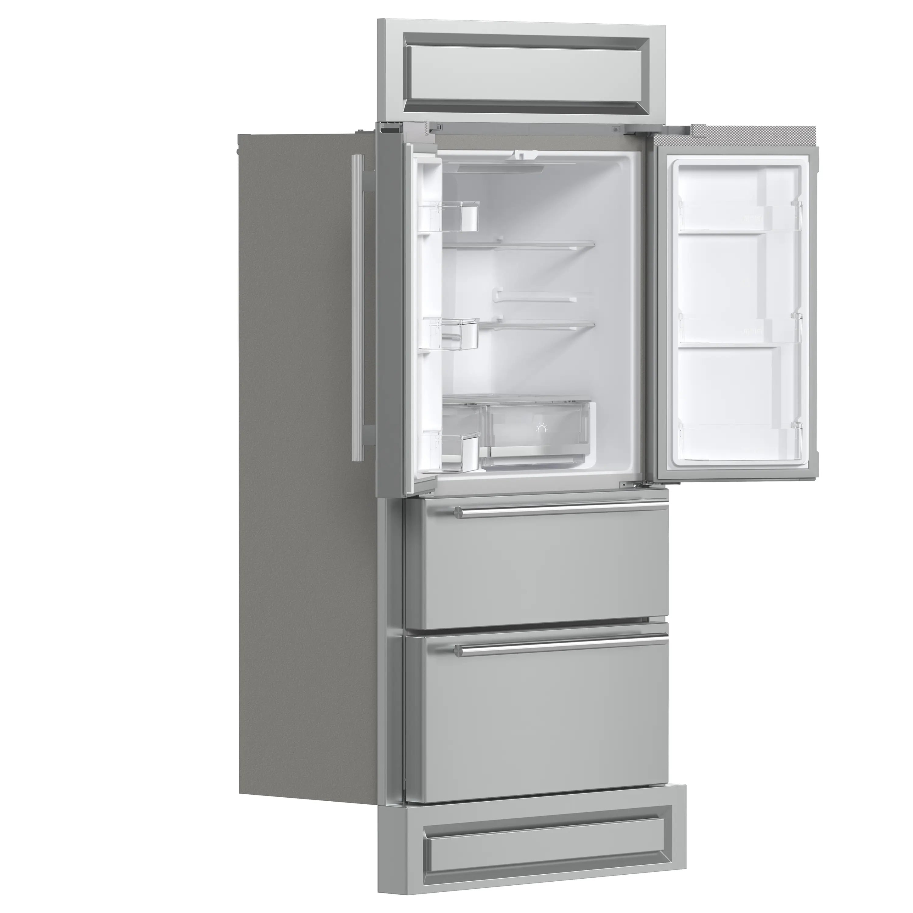 Stainless steel refrigerator with French doors open, showing shelves and lower freezer drawer.