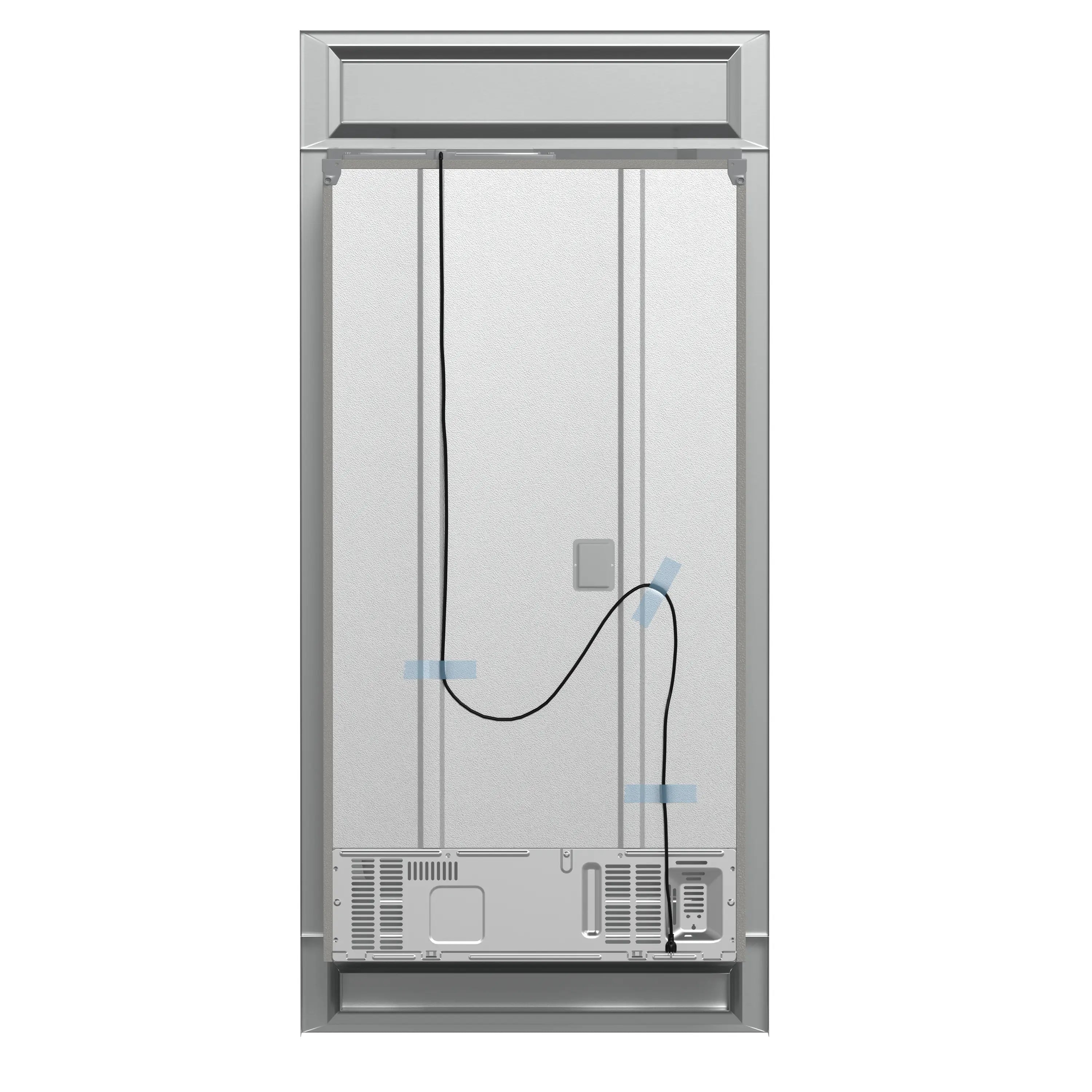 Refrigerator with freezer door open, showing interior shelving and racks.