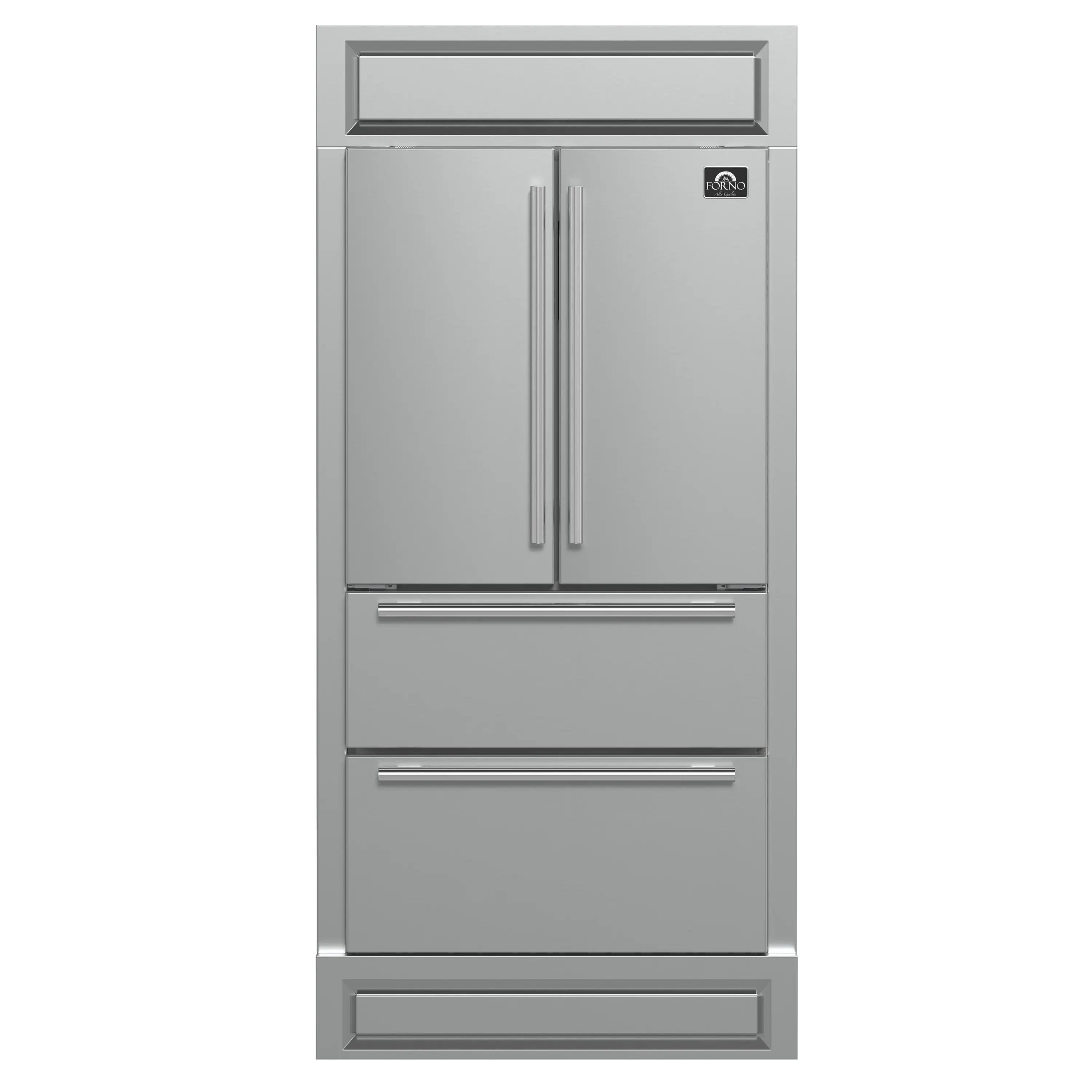 Stainless steel French door refrigerator with vertical handles and top grille panel.