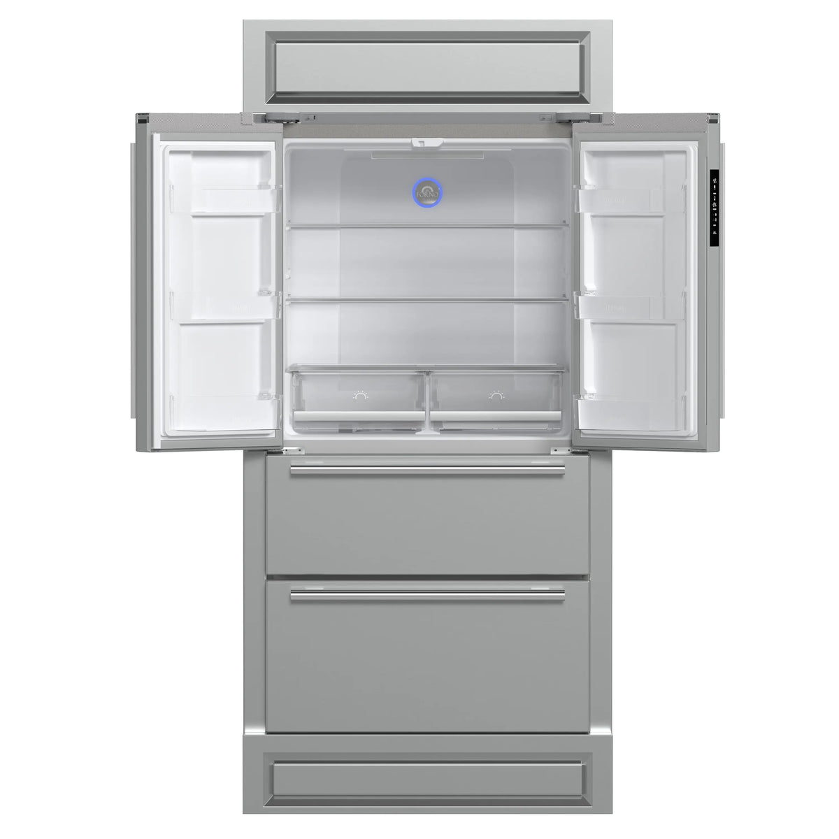 French door refrigerator with both doors open, showing interior bins and middle shelves.