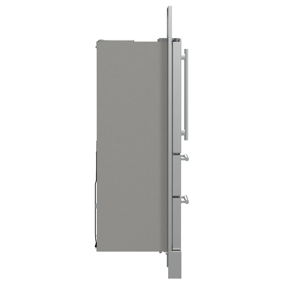 Side view of stainless steel French door refrigerator with recessed door handle.