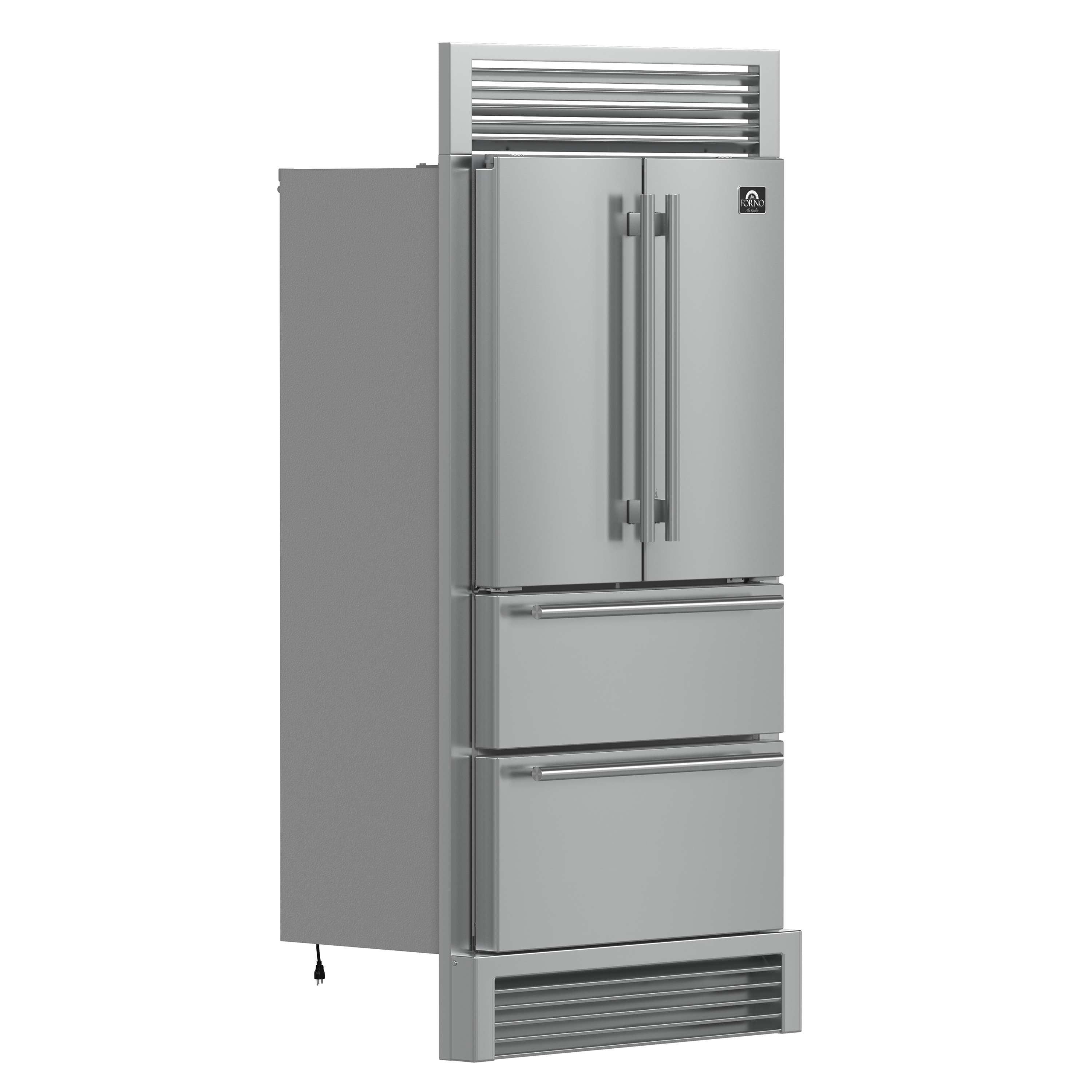Stainless French door refrigerator with double freezer drawer and ice dispenser