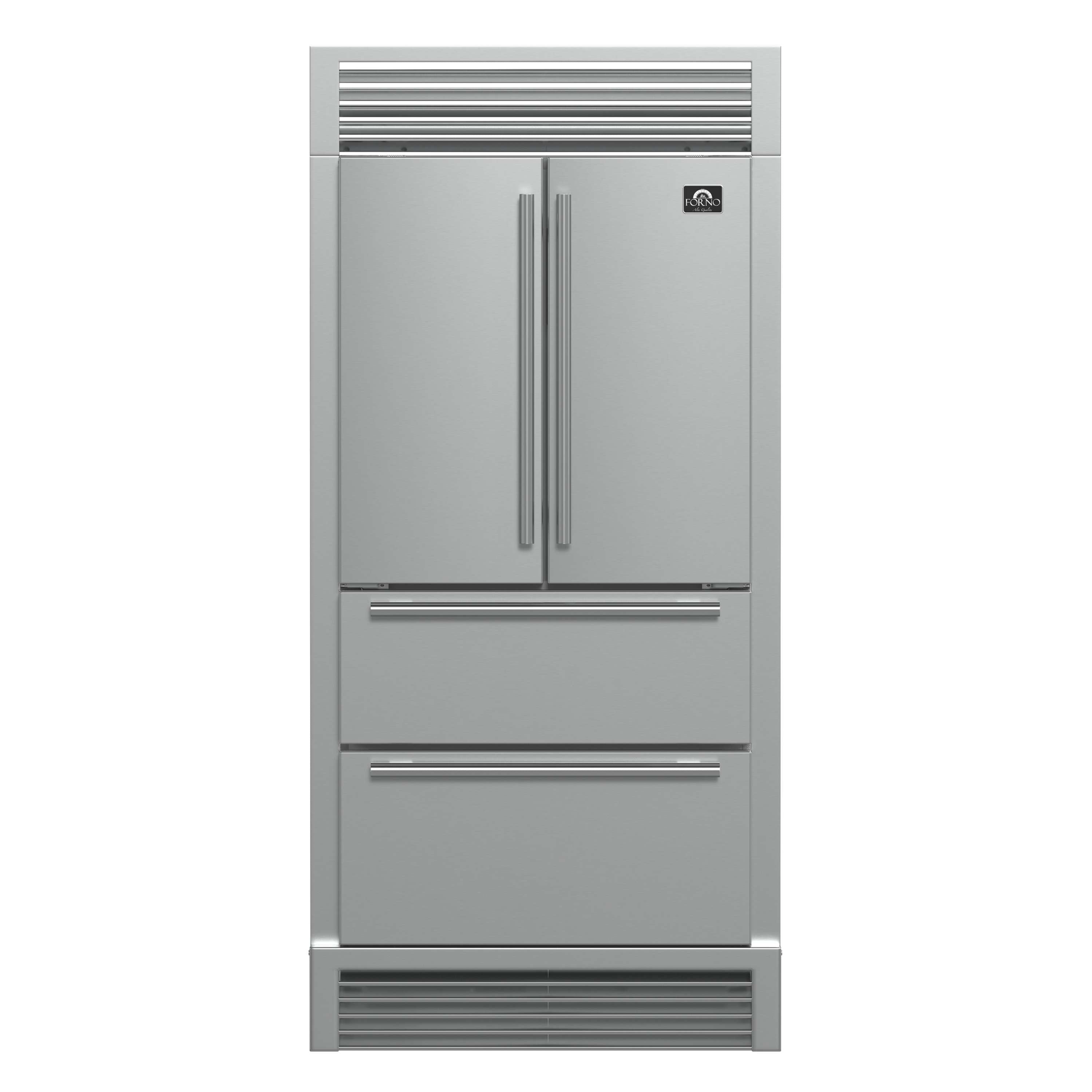 36-inch French door refrigerator with stainless finish and twin handles
