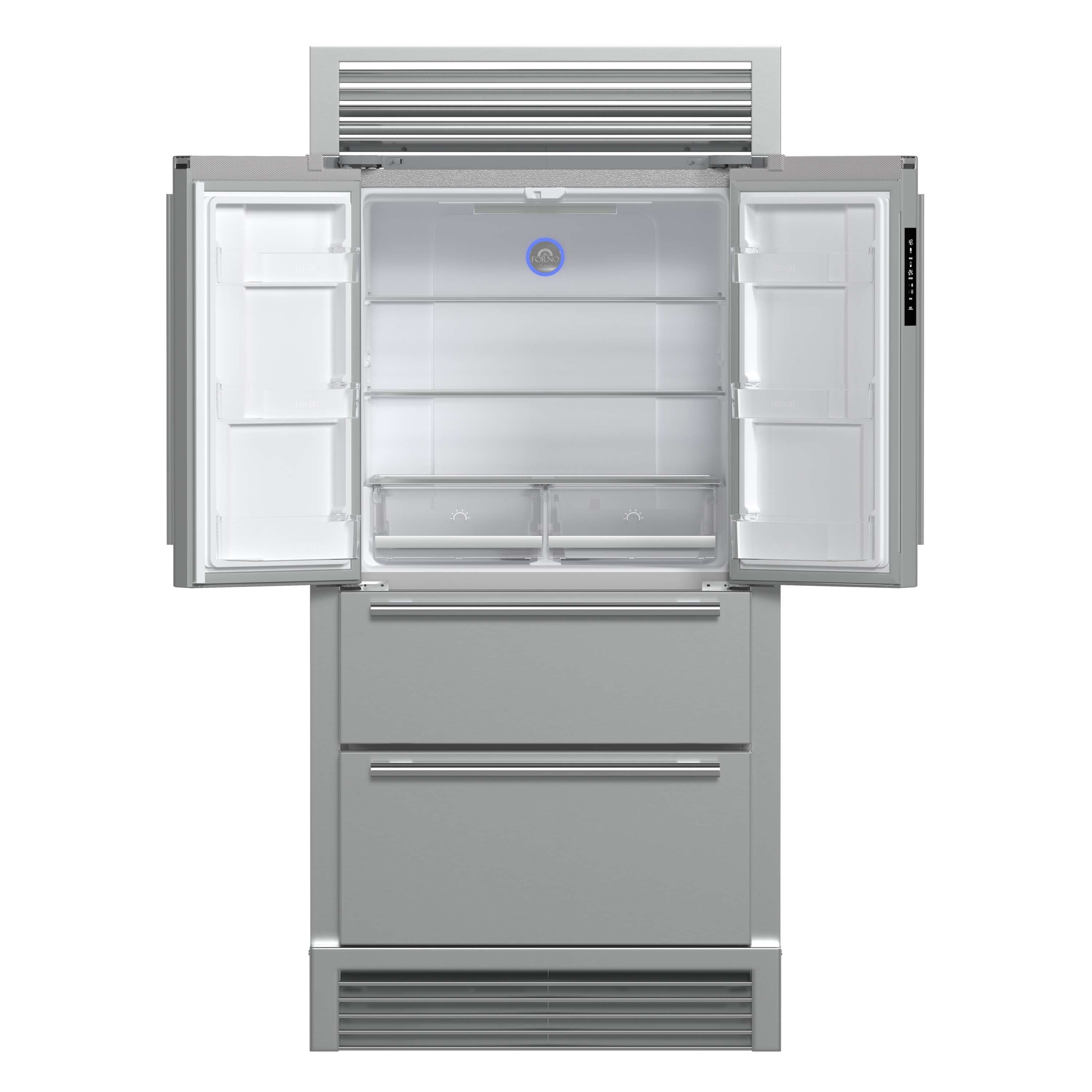 Stainless French door refrigerator with doors open, showing fridge shelves and drawer