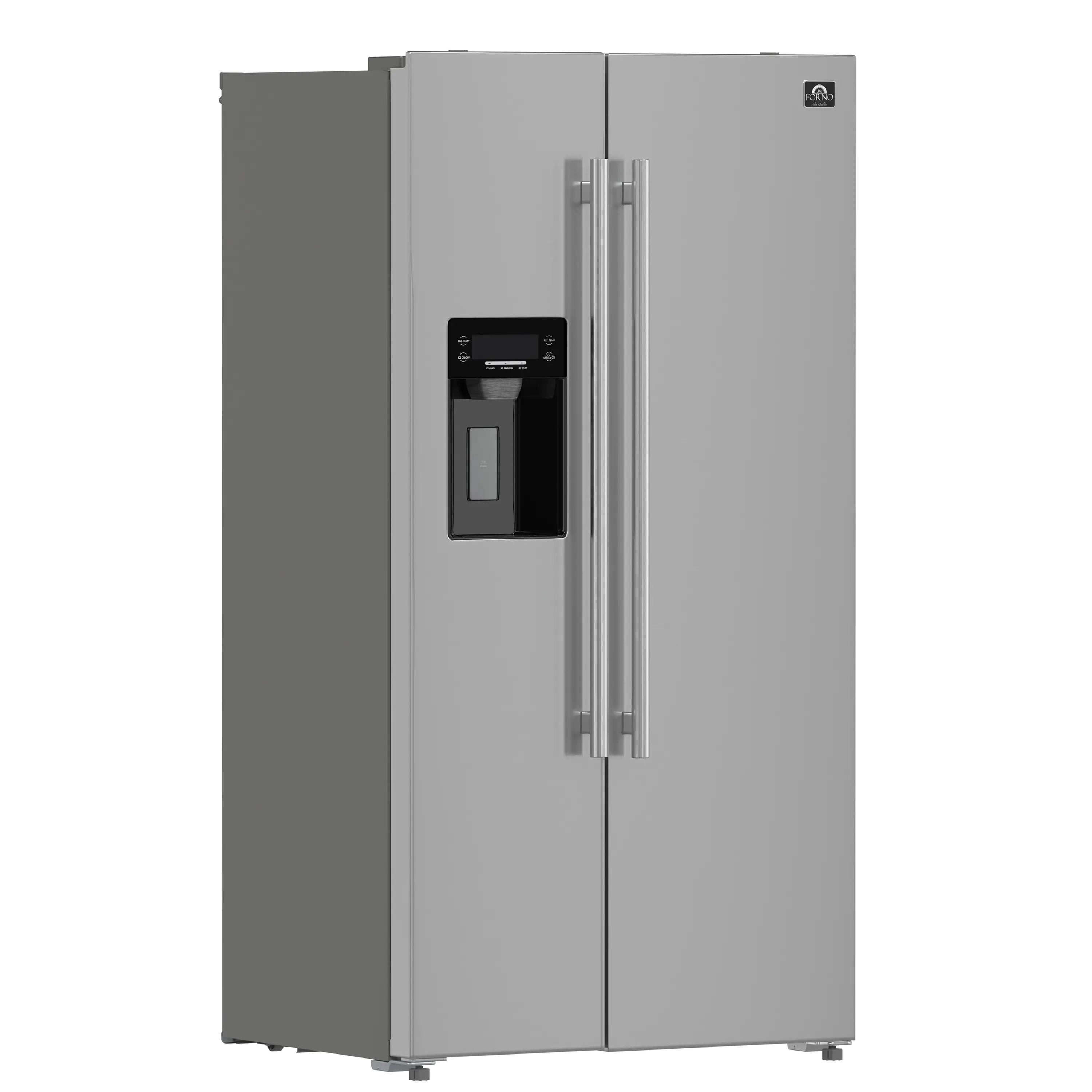Stainless steel side-by-side refrigerator door with water dispenser and tall dual handles