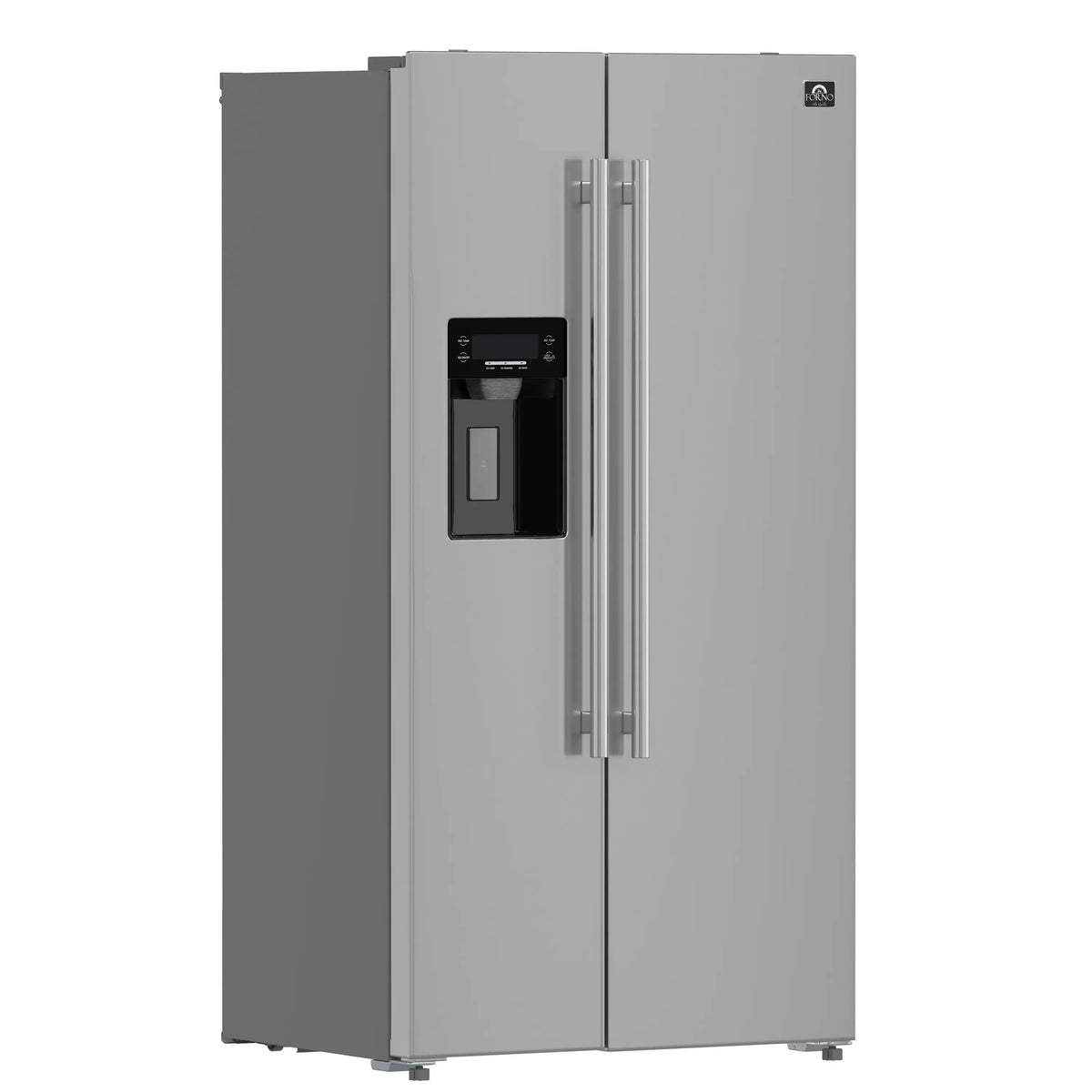Stainless steel side-by-side refrigerator with recessed handles and water dispenser