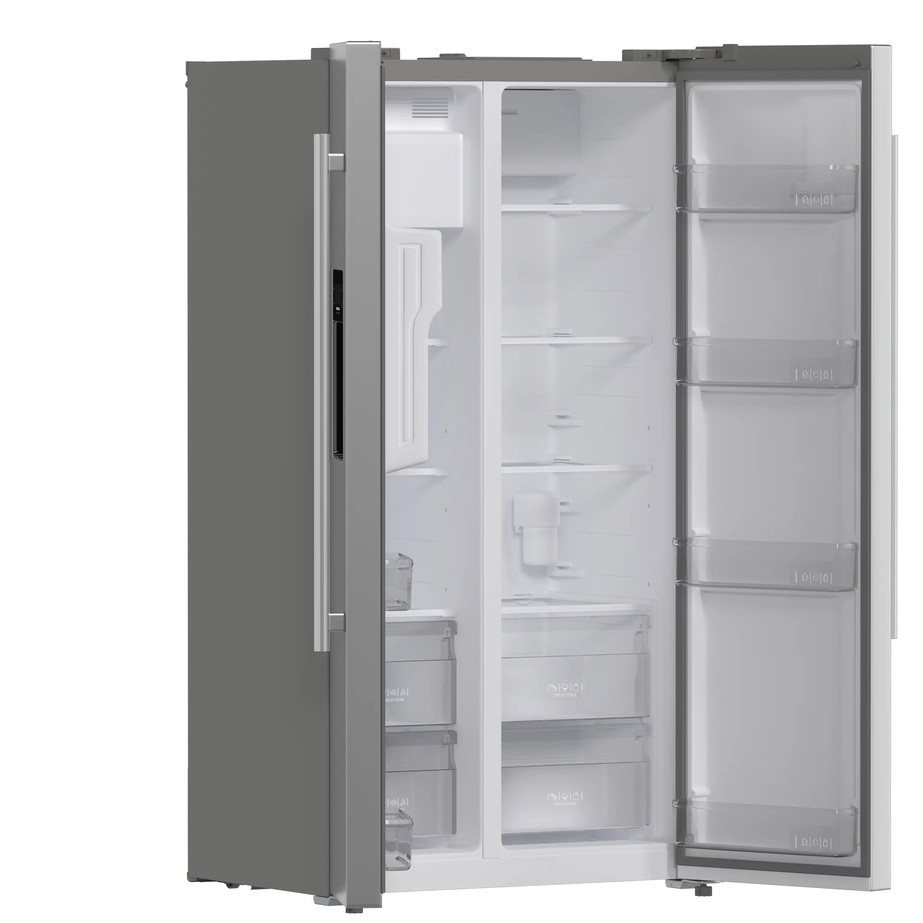 Stainless steel side-by-side refrigerator with doors open showing interior shelves and bins