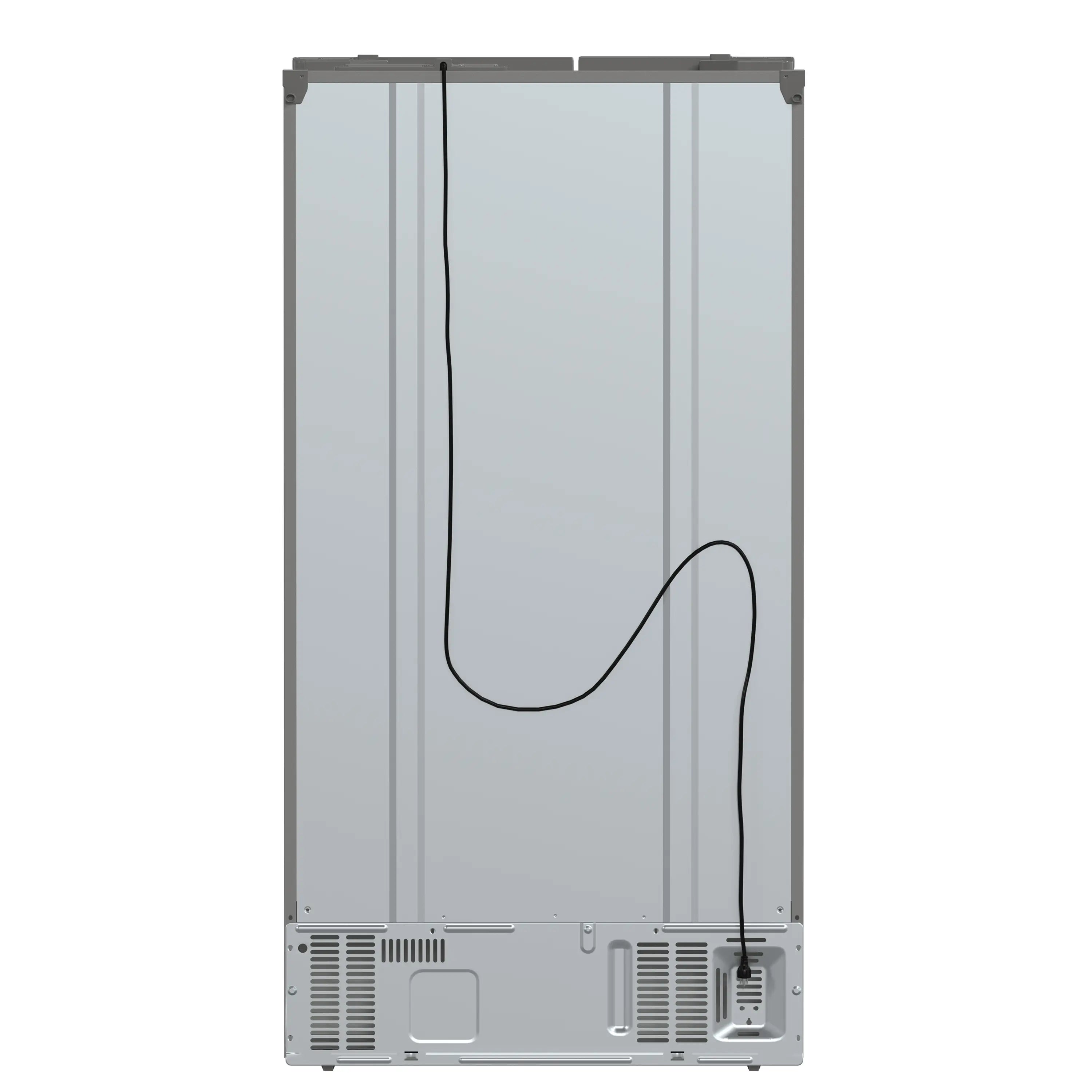 Refrigerator back panel with vent grilles and power cord routing