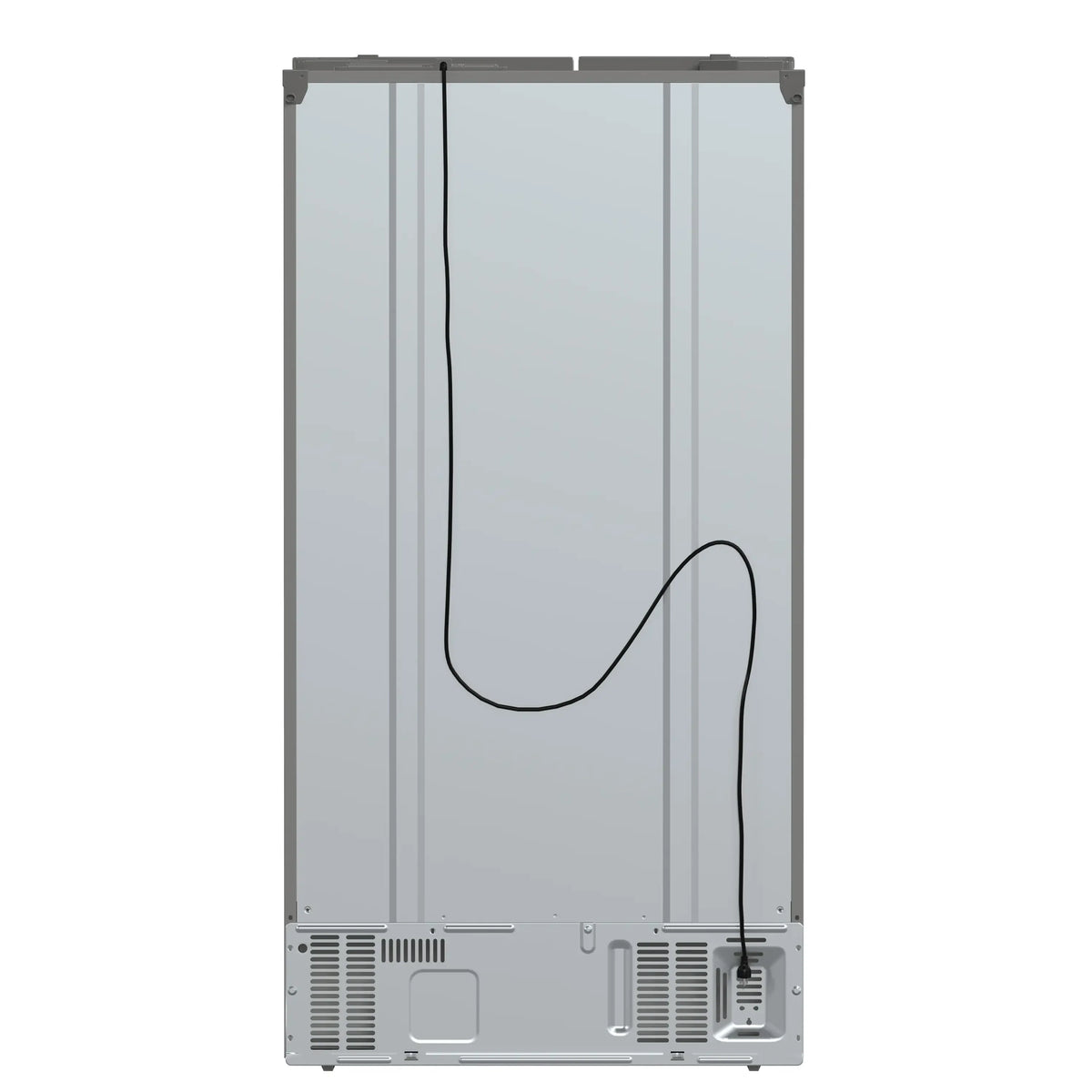 Refrigerator exterior panel with water line loop and bottom vent grilles