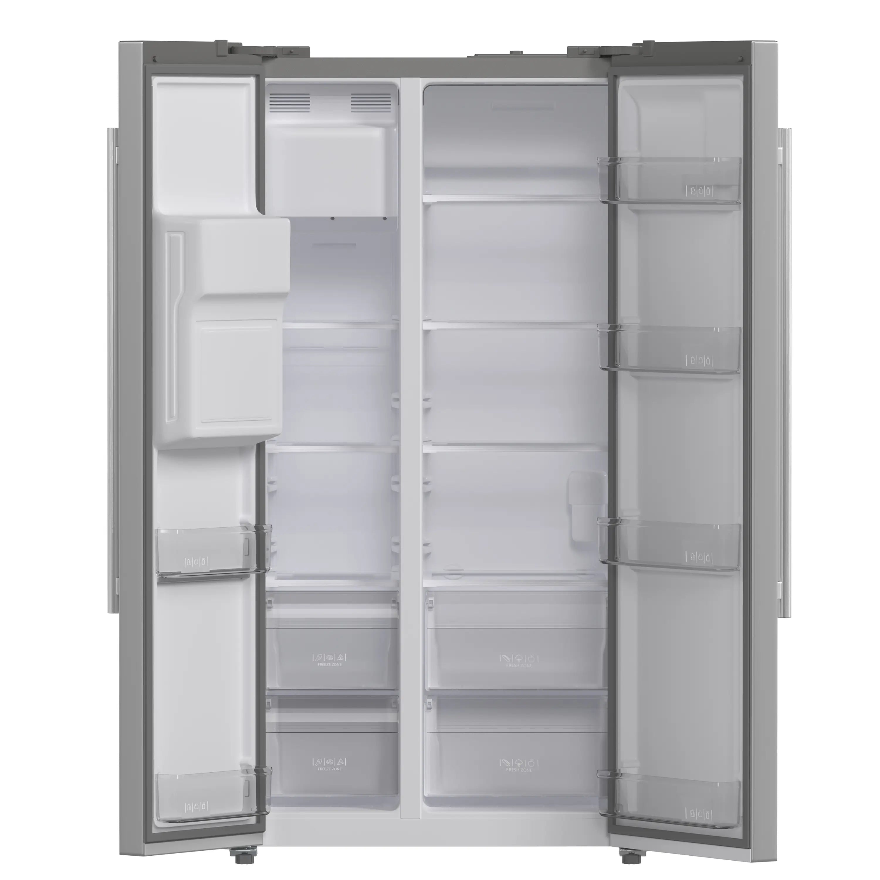 Stainless steel side-by-side refrigerator doors open showing multiple interior shelves and drawers