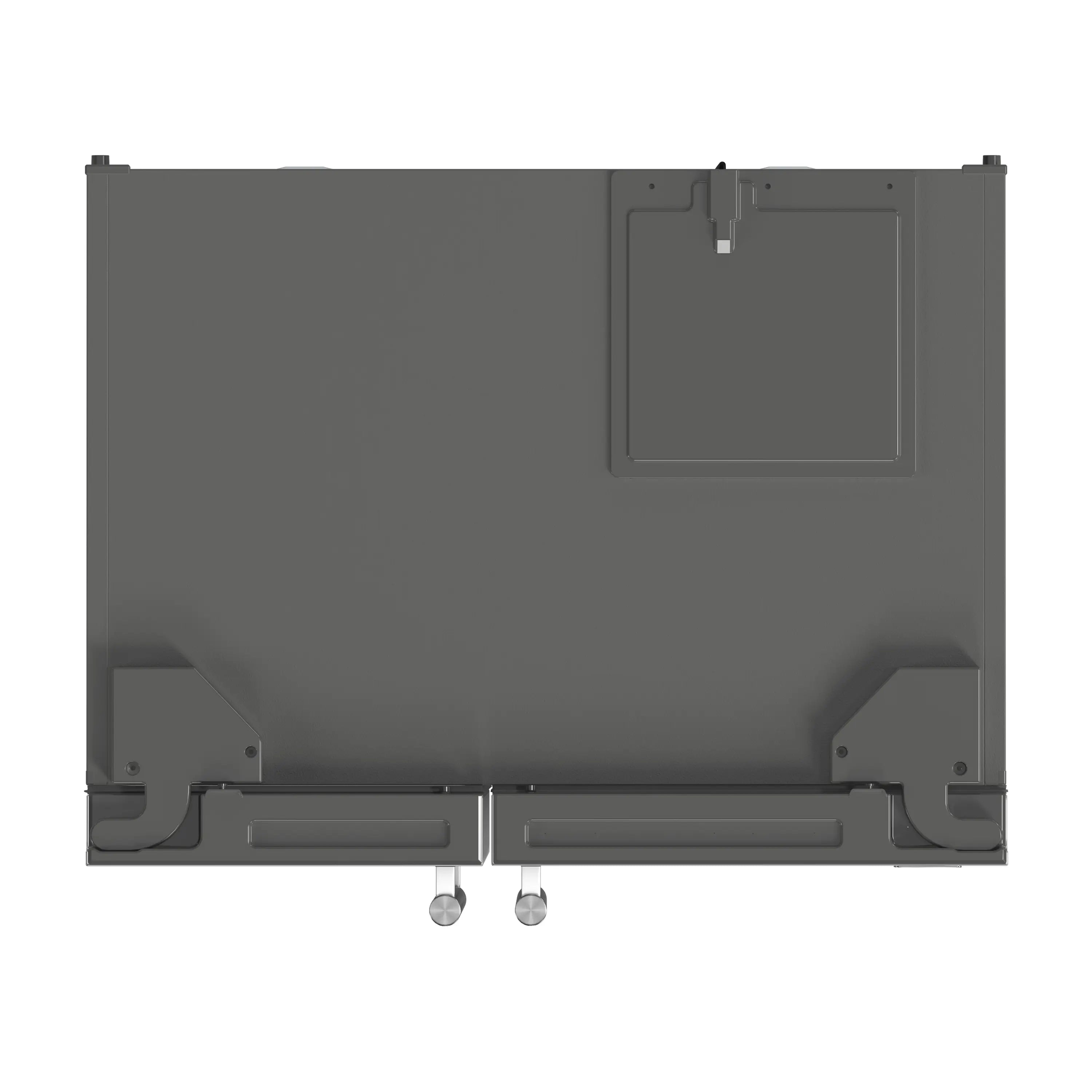 Side-by-side refrigerator rear view with access panel and mounting brackets