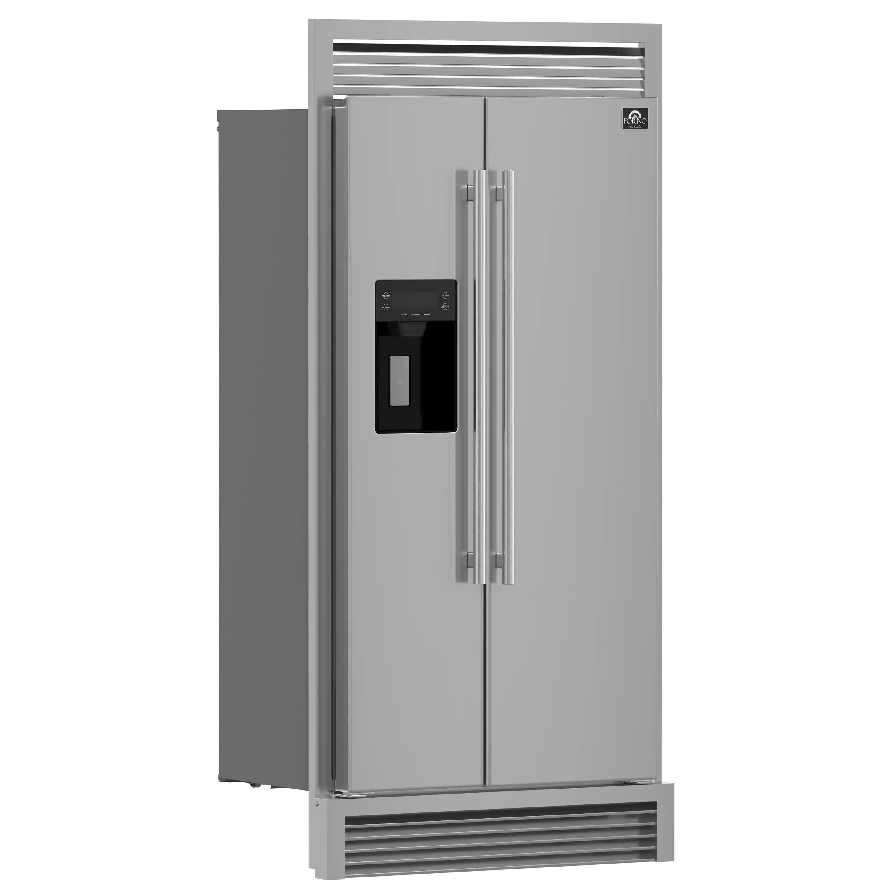 Stainless built-in side-by-side refrigerator front with dispenser panel and long vertical handles.