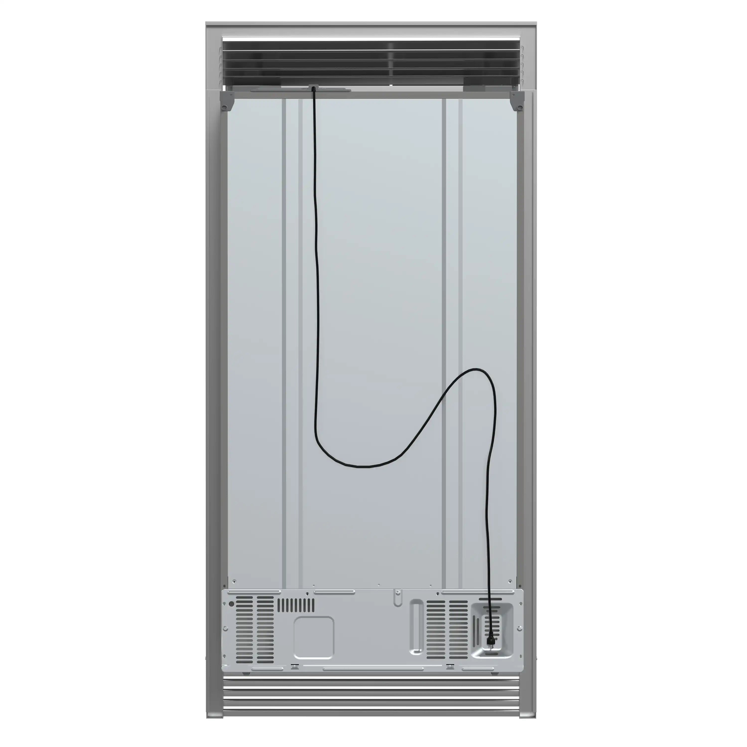 Built-in side-by-side refrigerator with doors open, rear interior hoses and components visible.