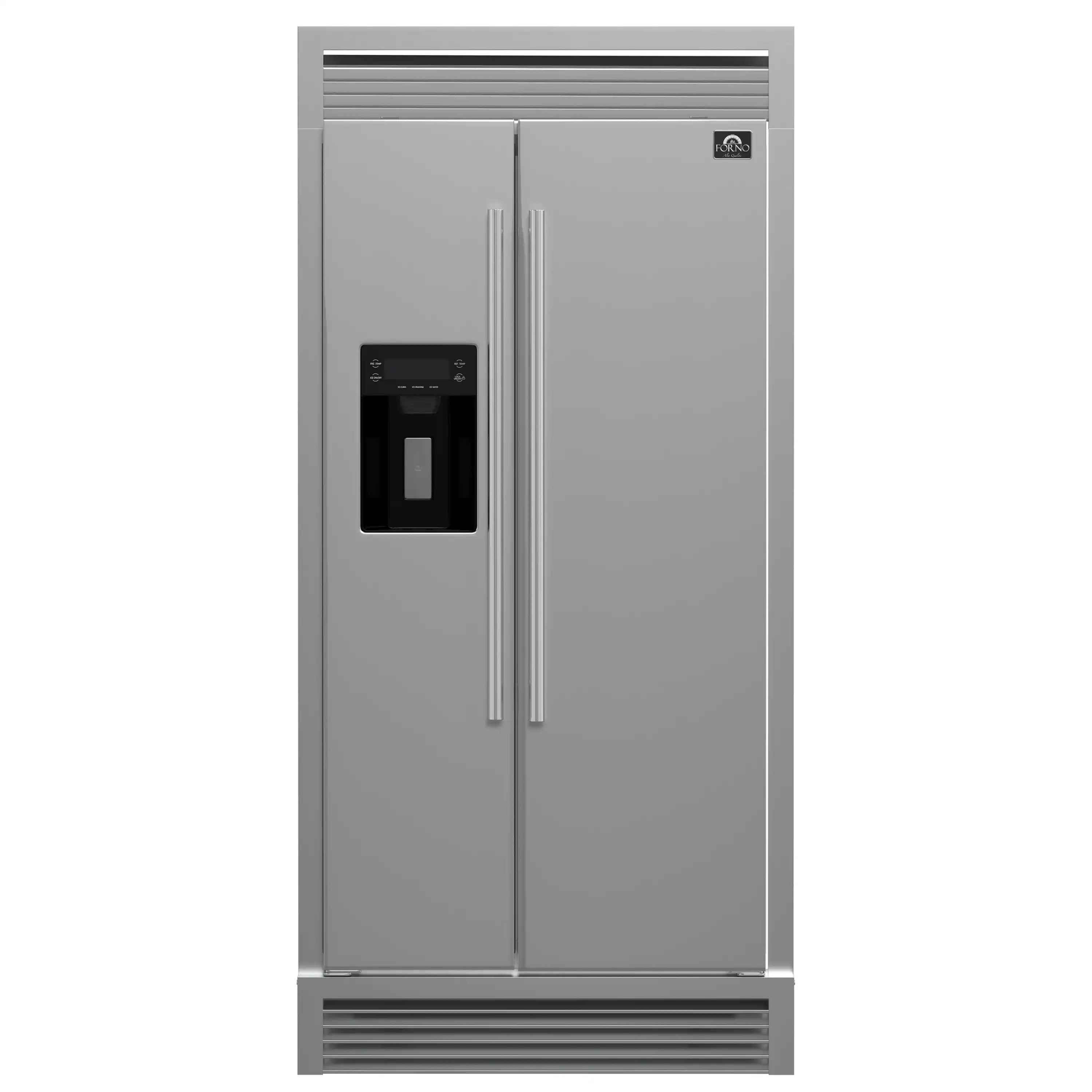 Stainless built-in side-by-side refrigerator front view with dispenser panel and twin doors.