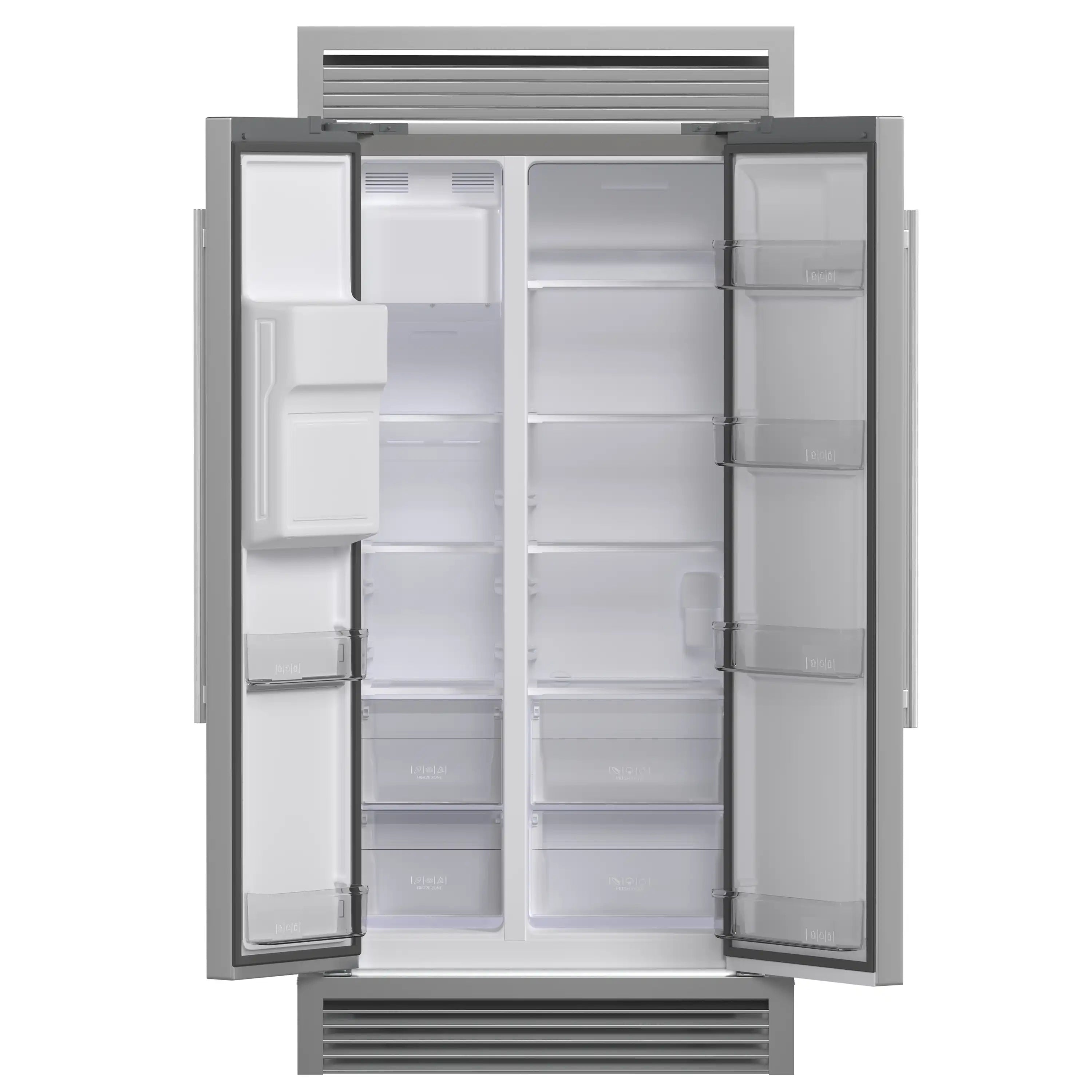 Built-in stainless steel side-by-side refrigerator with open freezer and fridge shelves