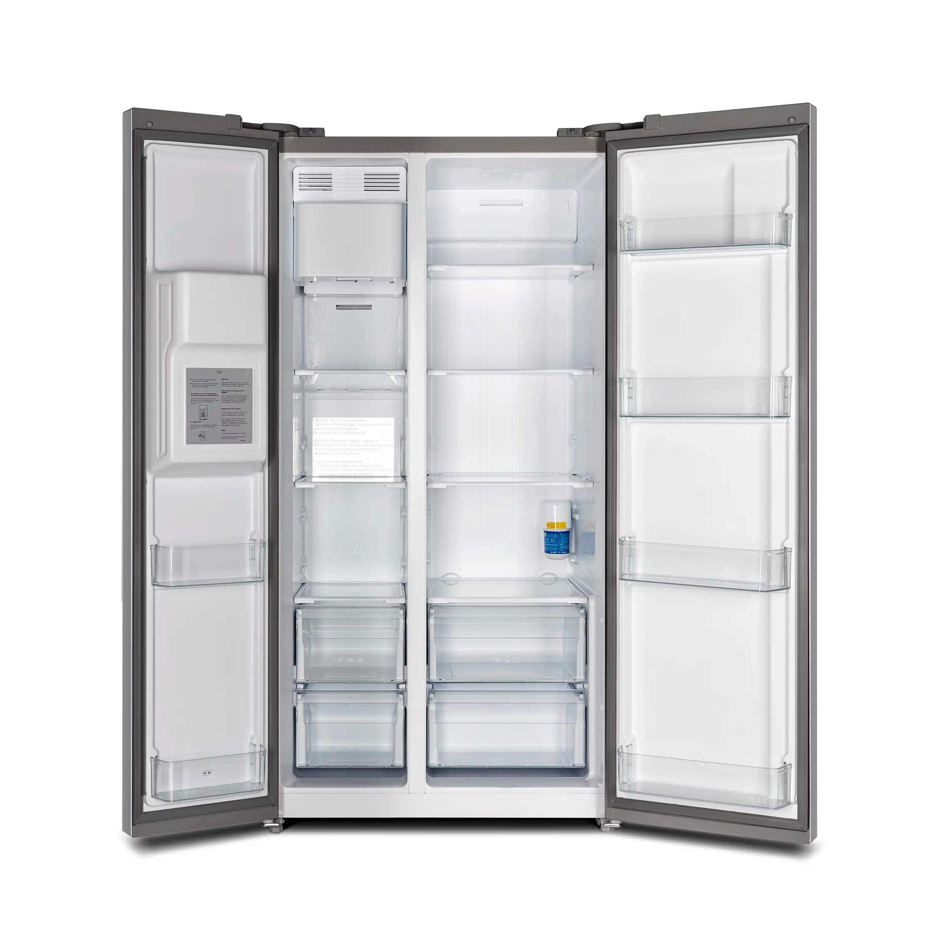 Built-in side-by-side refrigerator, stainless steel, open doors showing freezer and fridge shelves.