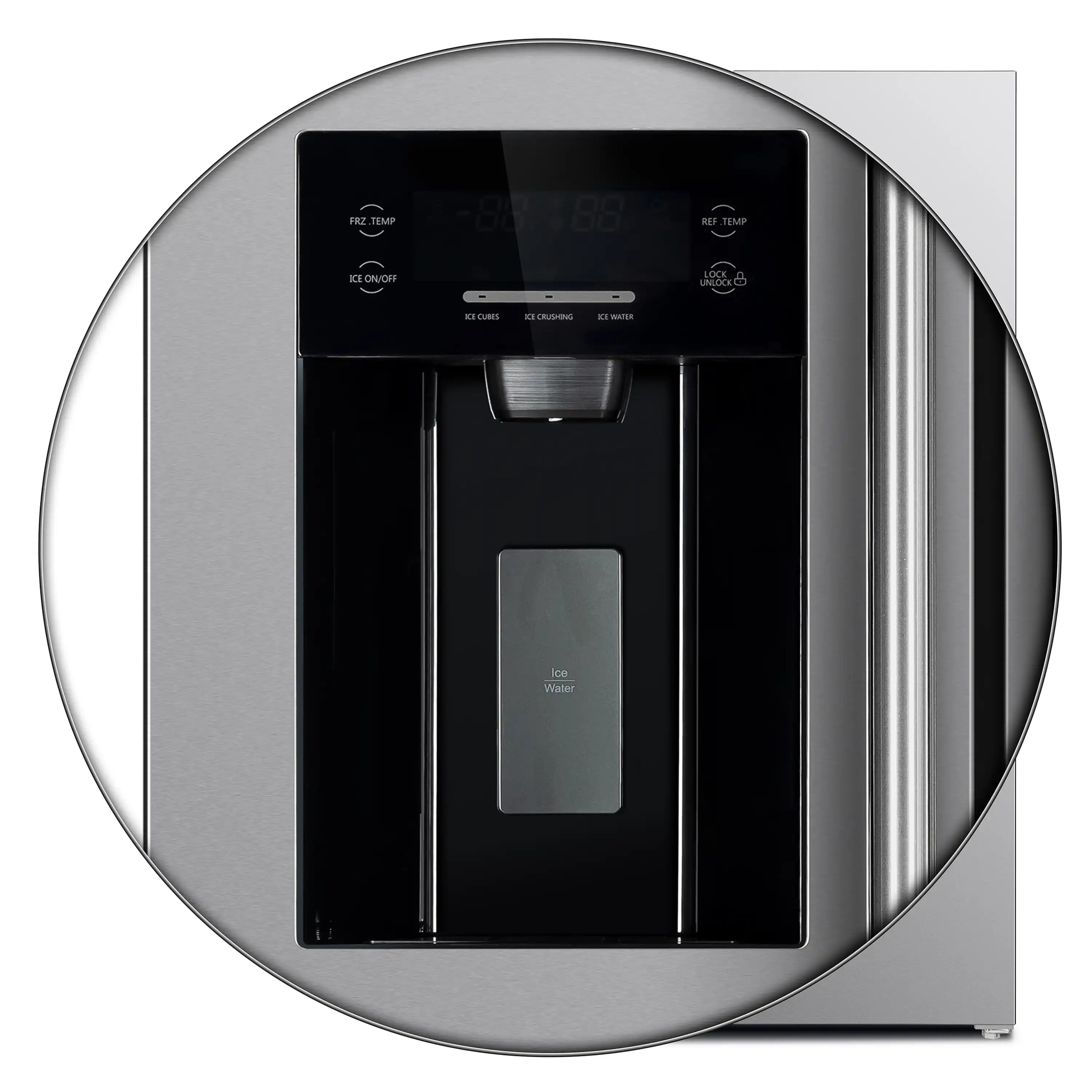 Stainless built-in side-by-side refrigerator with external water/ice dispenser detail on front.